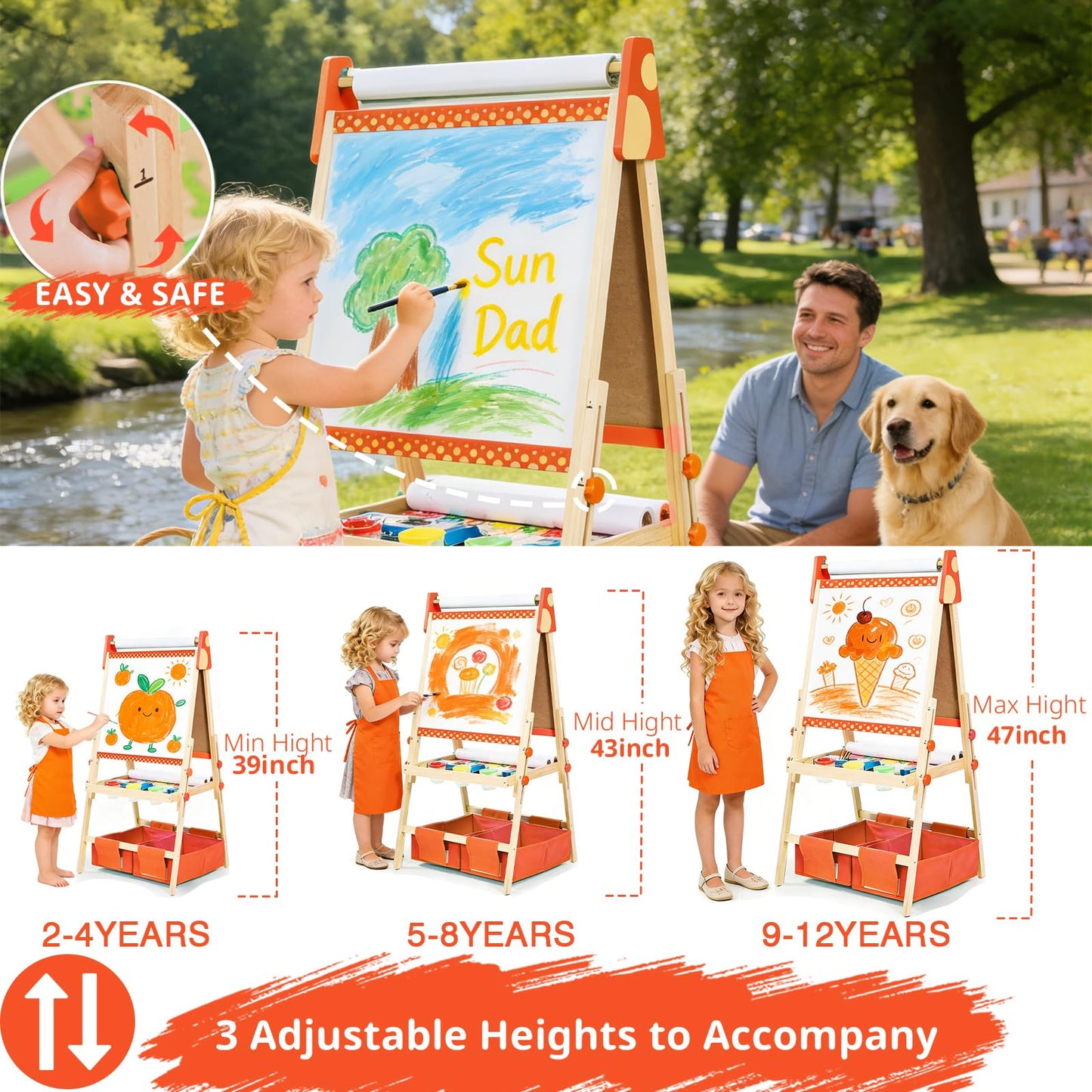 Art Easel for Kids, Kids Art Easel with 3 Paper Roll,Adjustable Standing Wooden Toddler Easel for Painting Double Sided, Magnetic Whiteboard and Chalkboard,3in1 Painting Easel for 2-4 4-8 Orange