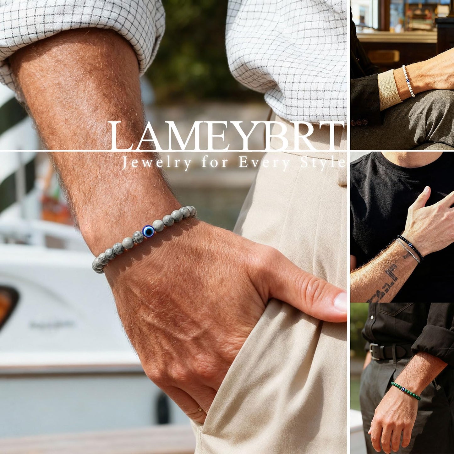 Lameybrt Evil Eye Bracelet 6mm Natural Stretch Adjustable Beaded Bracelets for Men (A06 Cartographic stone, M (6.6"-7.5"))