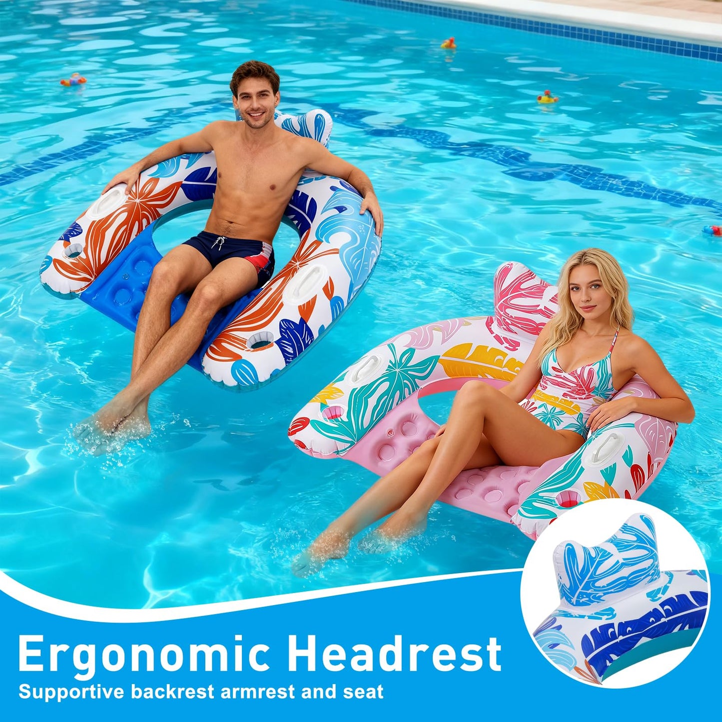 BSIEZC Pool Floats Adult, 3Pack Inflatable Pool Floats Chair, U-Shaped Pool Float Lounger with Comfortable Headrest, Cup Holders Sturdy Handles, Portable Pool Floaties for Adults Kids Beach Pool Lake