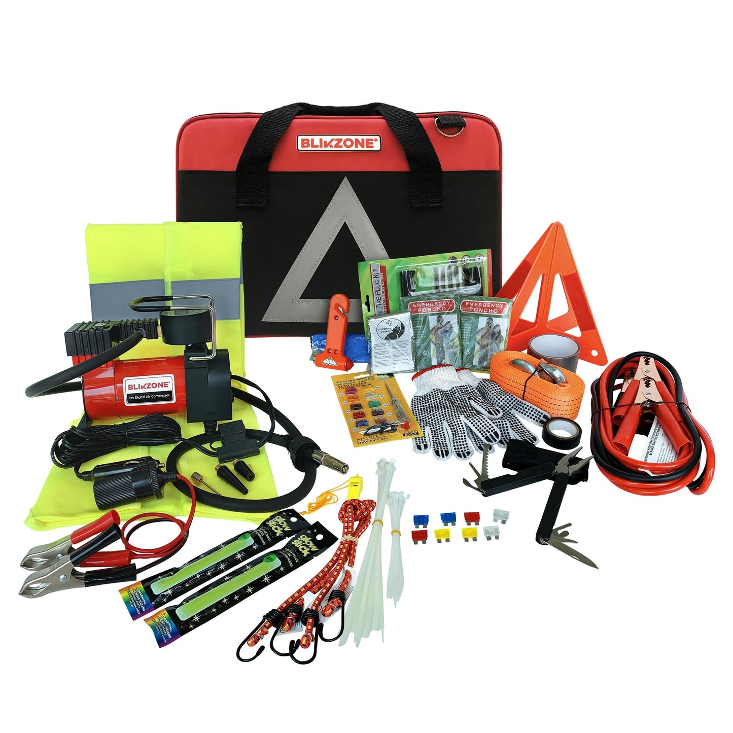 BLIKZONE Red Car Emergency Kit for Vehicles Road Trip, with All the Essentials as Flat Tire Repair, Jumper Cables, Digital Air Compressor, Multitool and All the Car Safety Accessories