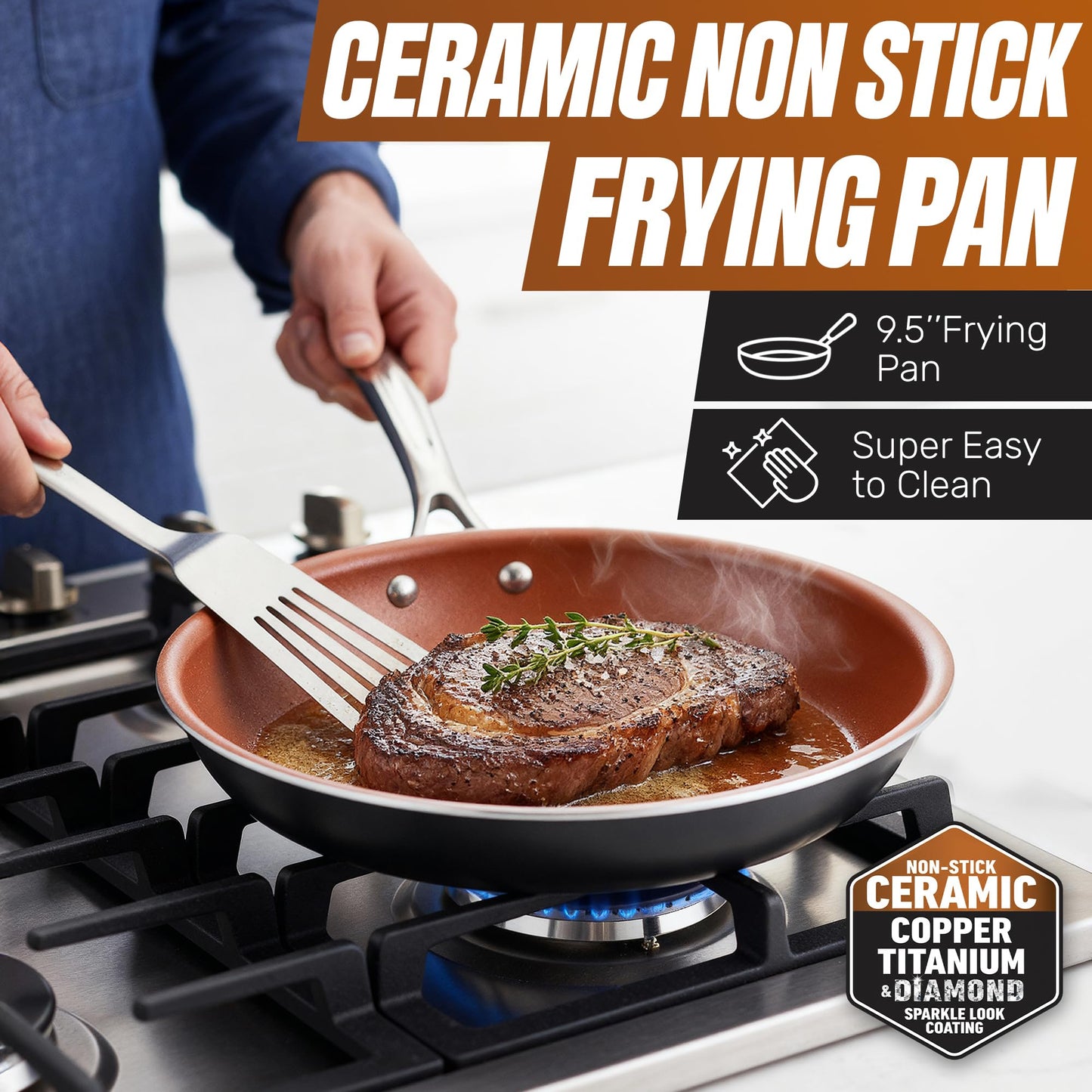 Gotham Steel 9.5 Inch Copper Non Stick Frying Pans, Ceramic Non Toxic Frying Pans Nonstick Skillet Made Without PFOA PFOS, Lightweight, Stay Cool Handle, Oven and Dishwasher Safe