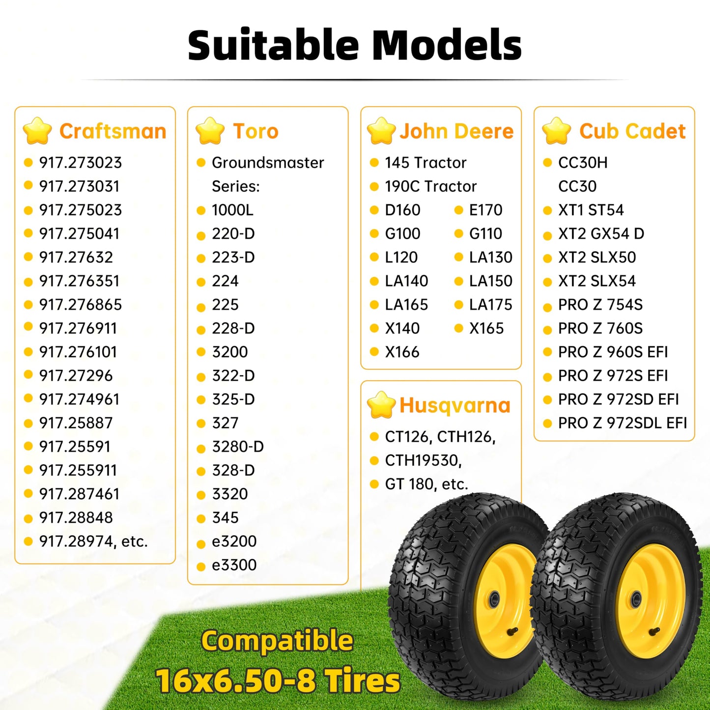 2 Pcs 16x6.50-8 Tubeless Lawn Mower Tire and Wheel, 16x6.5-8 Lawn Mower Tire, with 3/4" Bearing (extra 1" Bushing), 3-5" Offset Hub, 4-Ply Tubeless, 35 PSI, Fits Riding Mower & Lawn Tractors, 715 lbs