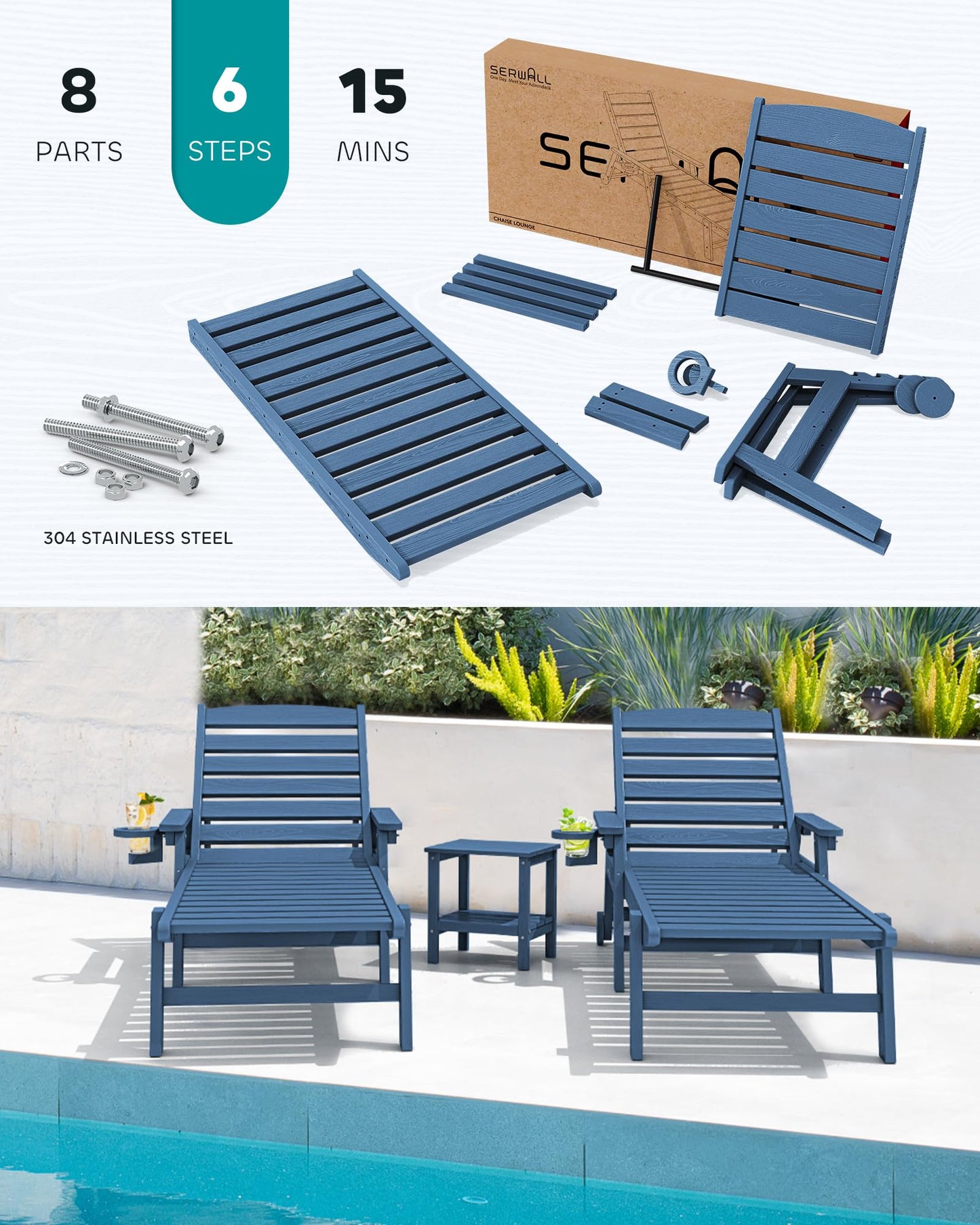 SERWALL Patio Chaise Lounge Chair Set of 2, 78'' Long 5-Positions Adjustable HDPE Outdoor Lounger for Pool, Poly Lounge Chair with Rolling Wheels & Cup Holder for Poolside, Deck, Blue