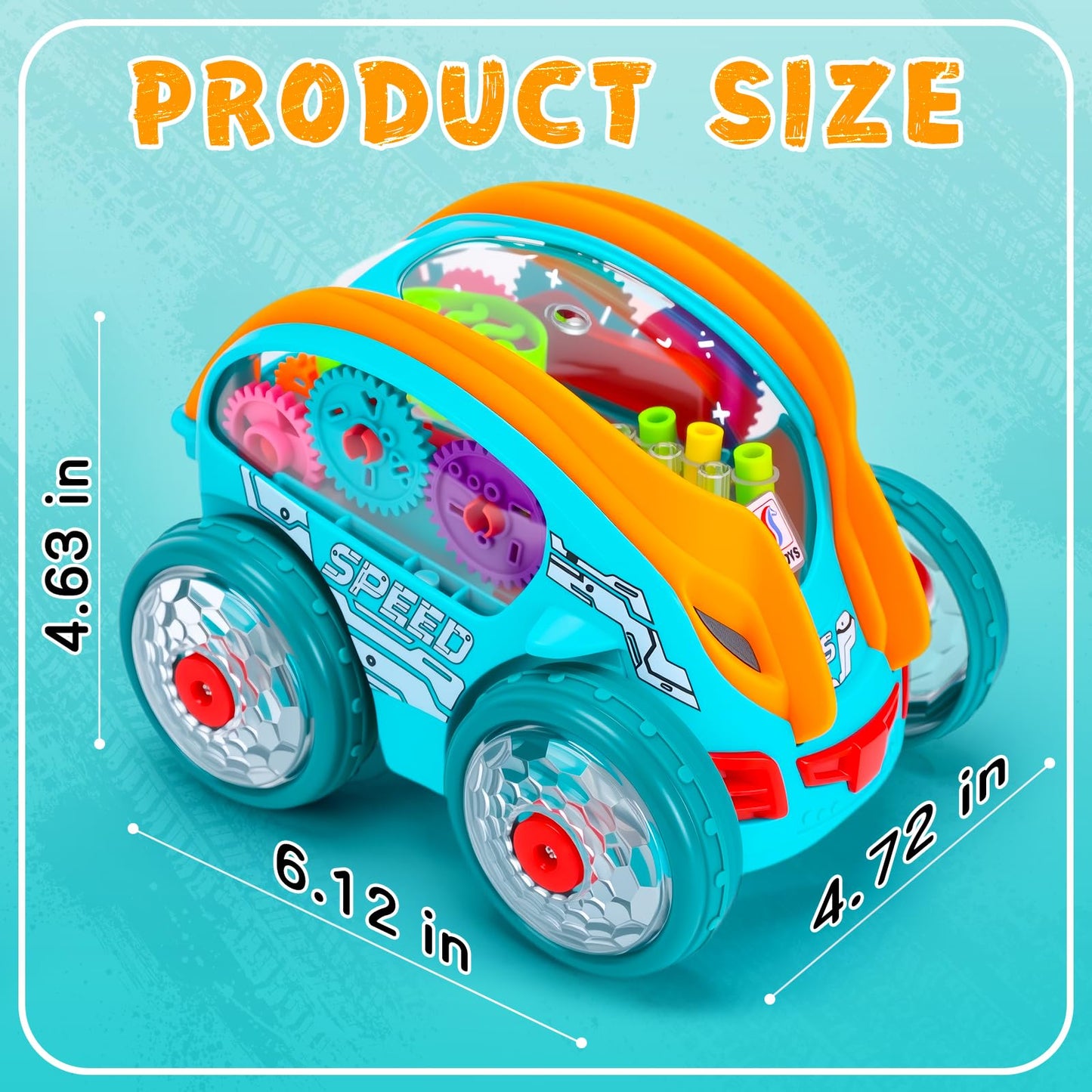 Light Up Transparent Sensory Car Toy - 360° Standing Rotation Roll Stunt Car, Bump and Go Toy Cars with Colorful Moving Gears & Music, Educational Toys for Toddlers, Best Gifts for Kids 1 2 3 4 Years