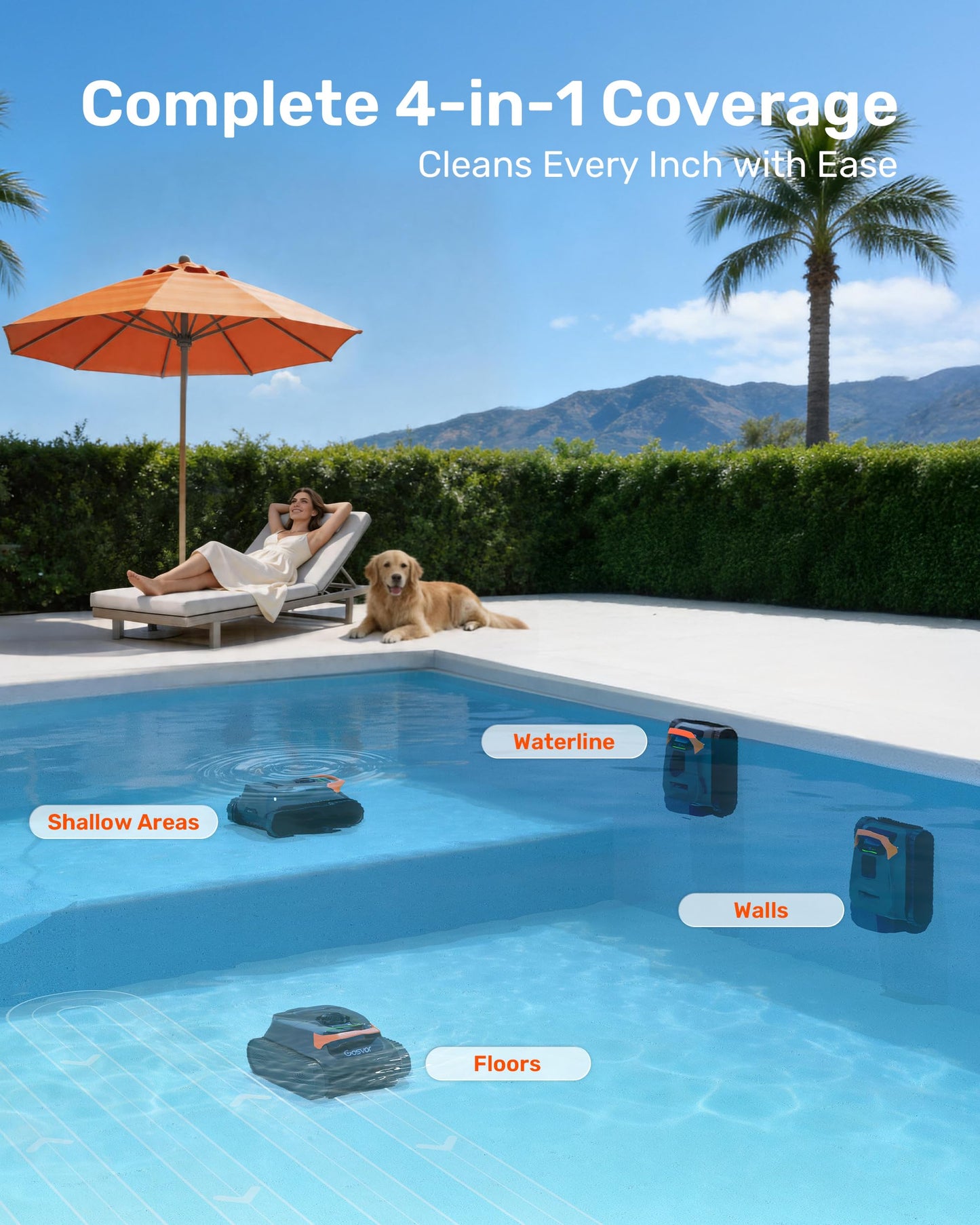 Gosvor LiteVac G1 Pool Vacuum, Wall & Waterline Cleaning, Double Filtration, 150-Min Battery Life for Smart Mode, 200-Min Battery Life for ECO Mode, Smart Navigation, with APP, Orange