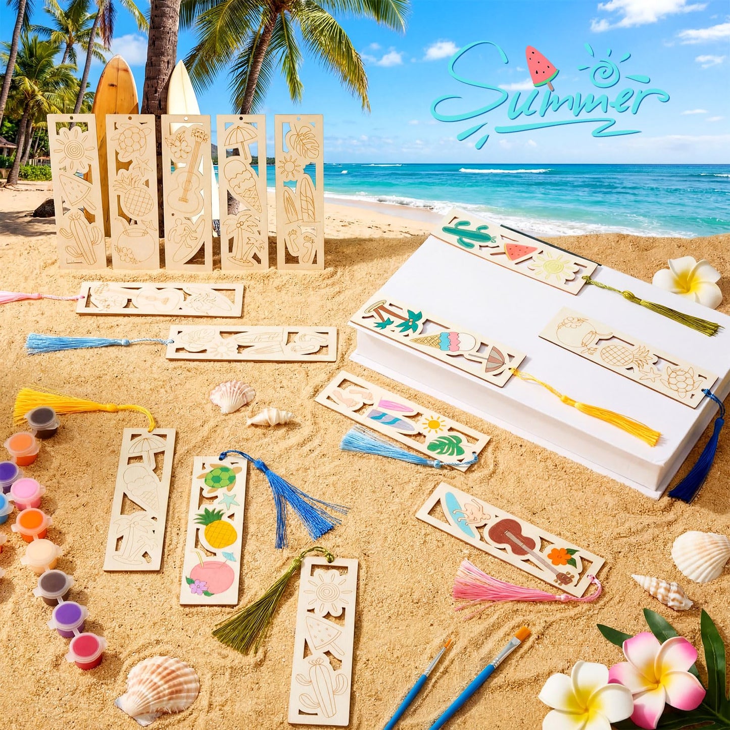 Yexiya 100 Pcs Bulk DIY Wooden Bookmarks Kit - 50 Set Tropical Hawaii Unfinished Wood Crafts with 50 Colorful Tassels for Classroom Rewards, Student Gifts, Summer Camp, Luau Party Favors, Art Projects