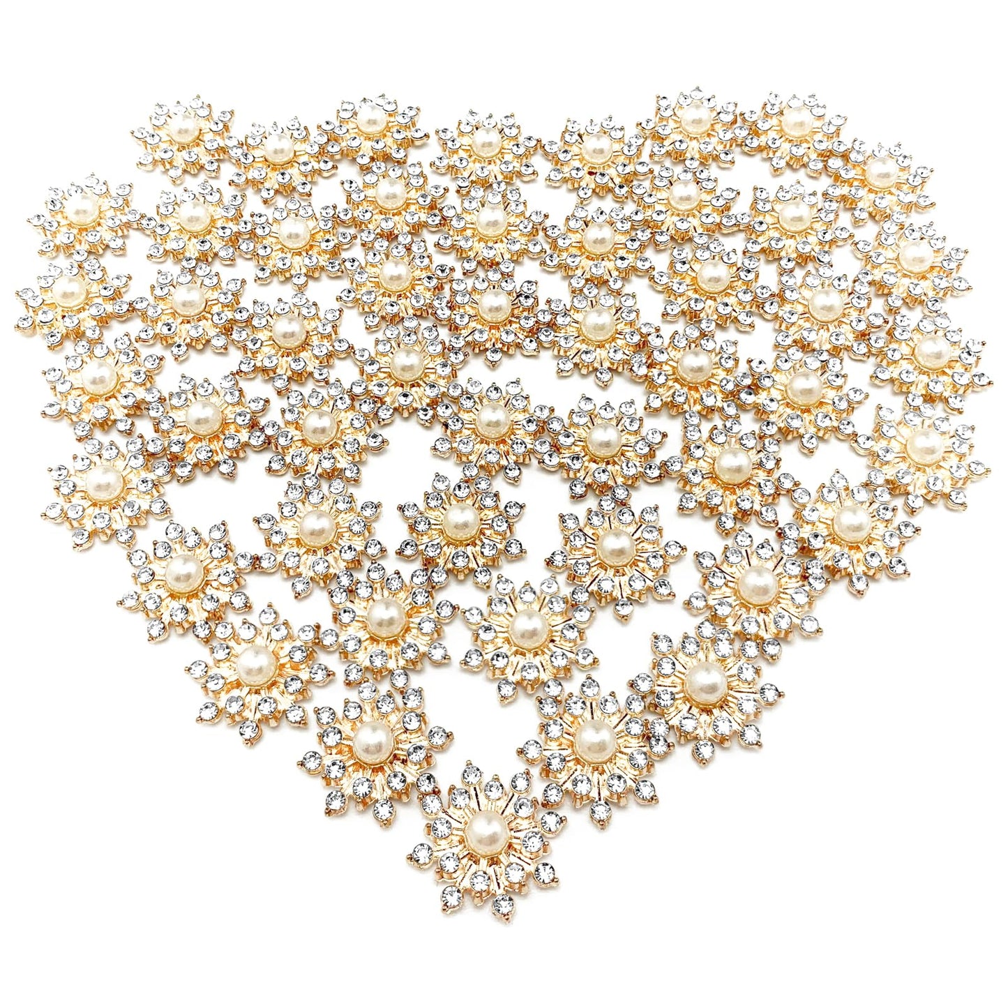 BETITETO 50Pcs Pearl Rhinestone Charms Flatback Flower Buttons Embellishments Bulk for DIY Shoe Sock Charms Bag Decoration Brooch Headbands Clothes Wedding Flower Bouquet Crafts (#1 KC Gold Alloy)