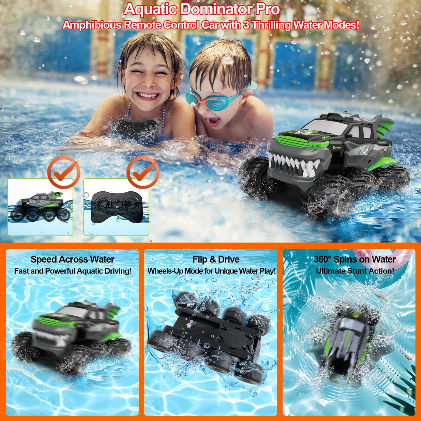 UFULMN Amphibious Remote Control Car 8WD RC Monster Truck with 2 Rechargeable Batteries for Boys Age 8-12 Offroad Waterproof RC Pickup All Terrain RC Drift Cars Beach Pool Toys Gifts for Kids Green