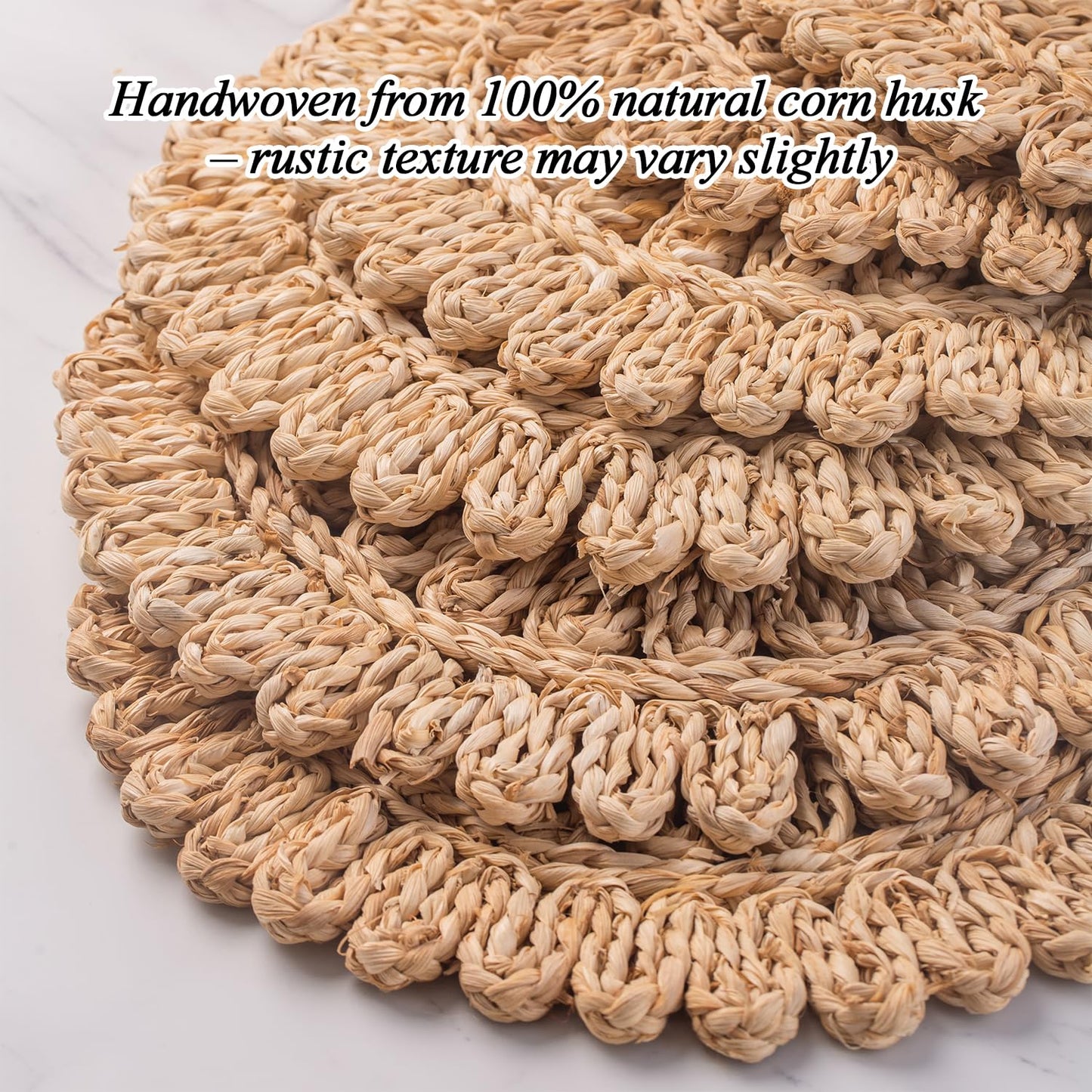 Laquedecraft 11.8" Set of 4 Round Corn Husk Placemats | Boho Woven Rattan Table Mats | Farmhouse Wicker Spring Plate Chargers Like Water Hyacinth, Seagrass for Wedding, Party, Christmas, Events