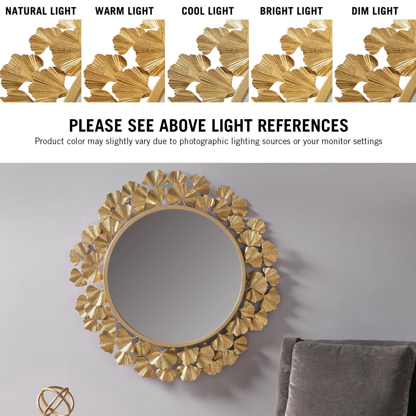 Martha Stewart Wall Décor Large Gingko Leaf Round Wall Mirror for Living Room, Iron Metal Plate Frame Antique Finish, Ready to Hang Bedroom Decoration, Eden, 30.5", Gold