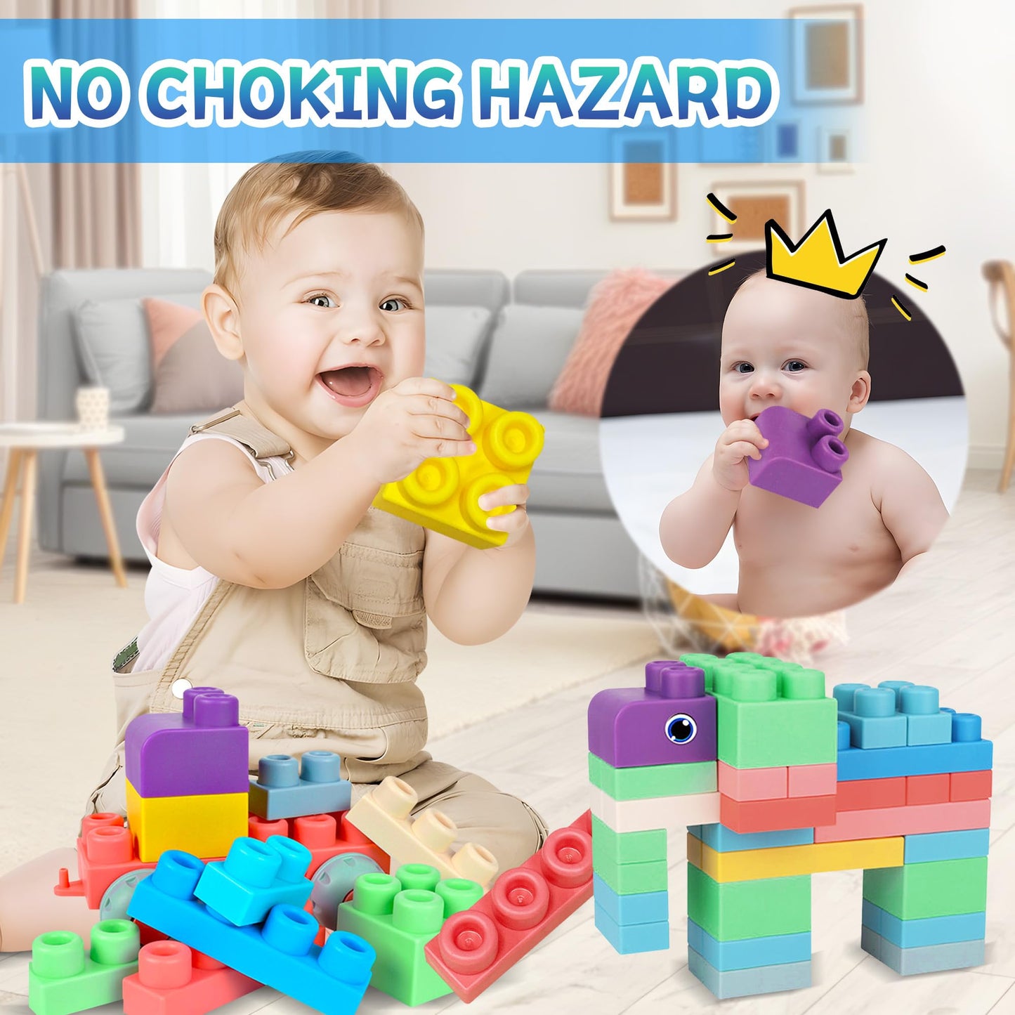 80PCS Baby Blocks Set with Storage Bucket + 6PCS Sensory Balls Bundle - Rubber Soft STEM Building Blocks for Babies 6+ Months, Textured Montessori Balls for Infants & Toddlers 6-12M, Tummy Time Gift
