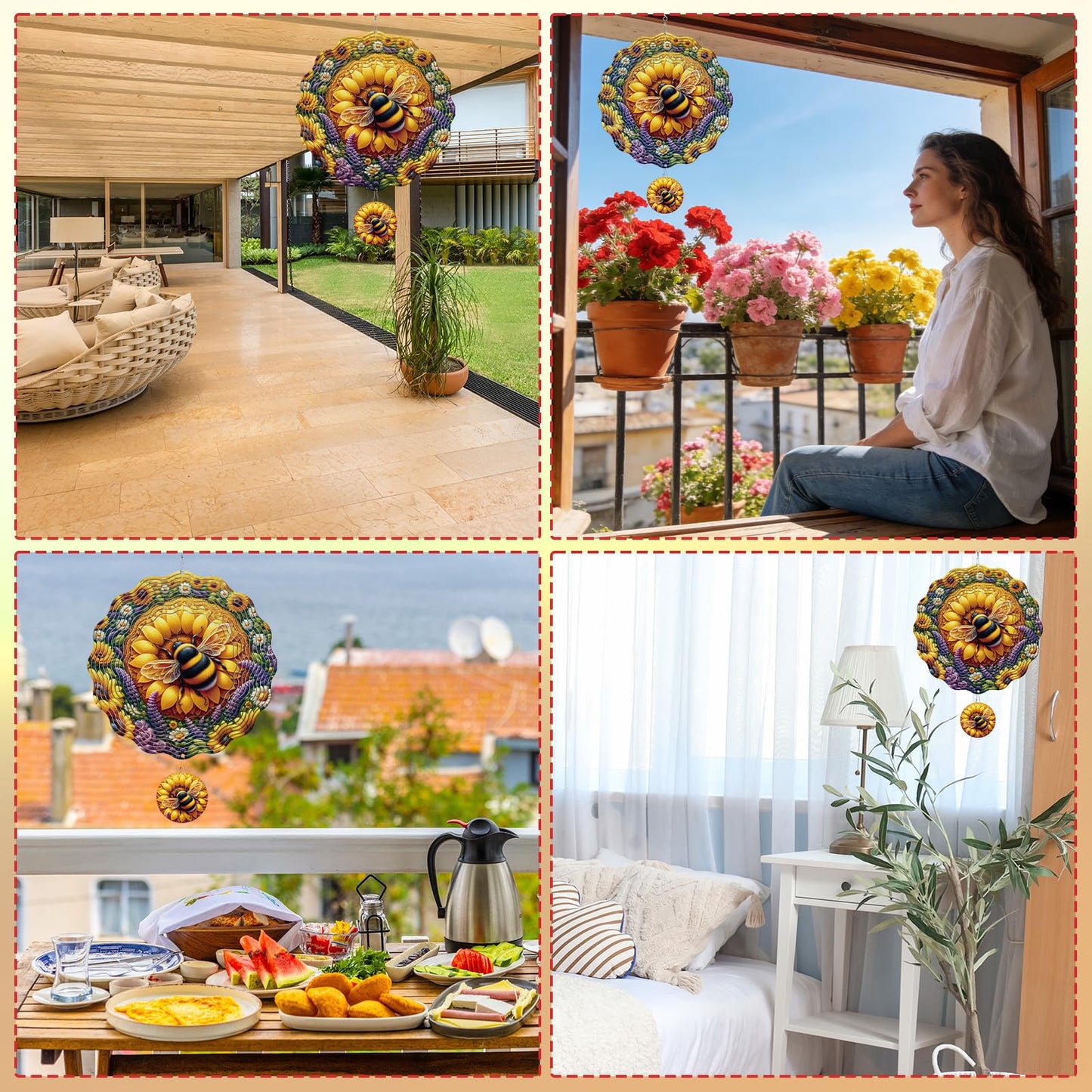Rngmsi Sunflower Wind Spinners Outdoor Garden Decor for Outside, 3D Metal Bee Wind Spinner Hanging Decor Kinetic Art for Yard, 12 in Stainless Steel Hanging Gifts for Women Housewarming