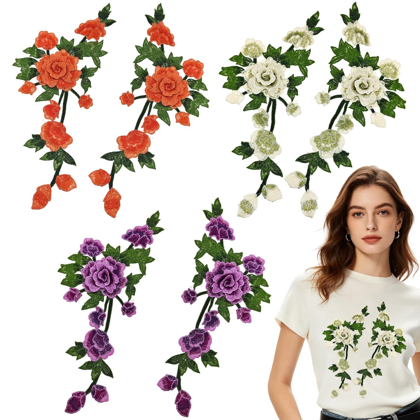 6PCS Peony Flower Embroidery Patches Large Floral Sew On Applique Patches for Women Wedding Dress Jacket Jeans Bag Shoes Decorative Repair Patch DIY Craft Embellishments 3D Design