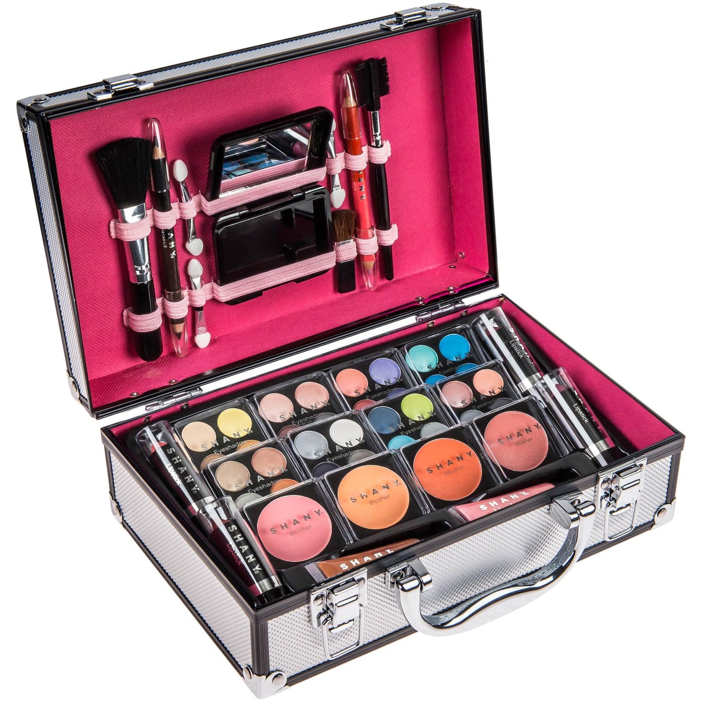 SHANY Carry All Make up Train Case with Pro Makeup Set, Beauty Brushes, Lipsticks, Eye Shadows, Blushes, Powders, and more - Reusable Cosmetics Storage Organizer - Premium Gift Packaging - Silver