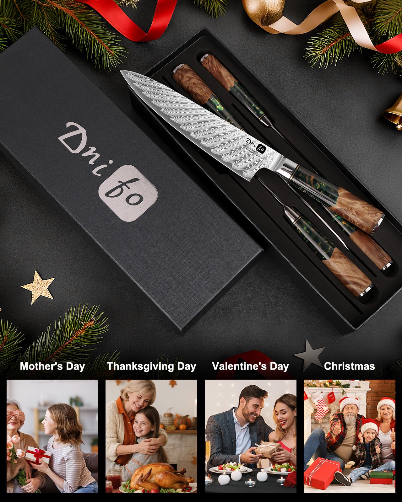 5 Pieces Damascus Knife Set, Japanese Chef Knife Set with Galaxy Pattern Resin Handle, 67-Layers Damascus Steel, Gift Box Included 5" Paring, 6" Boning, 7" Santoku, 8" Chef & 8" Bread Damascus Knives