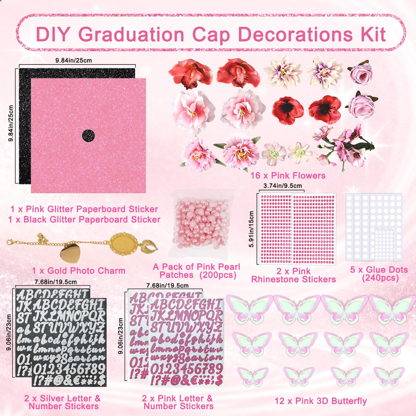 Graduation Cap Decorations Kit,Pink & Black Glitter Cardboard Stickers Faux Assorted Flowers 3D Butterfly Pearl Rhinestones Alphabet Number Decals for DIY Hat Grad Cap Topper Graduation Decor Supplies