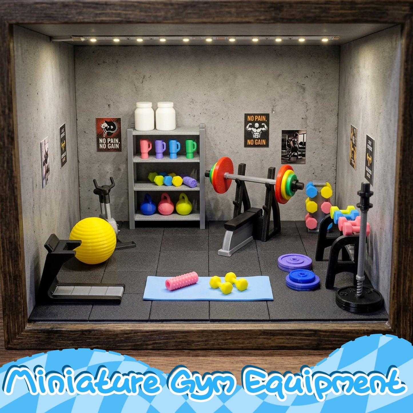 Miniature Gym Equipment Set, Plastic Mini House Fitness Accessories, Miniature Workout Room with Treadmill Exercise Bike Dumbbells for Miniature House Decor Micro Landscape DIY Crafts