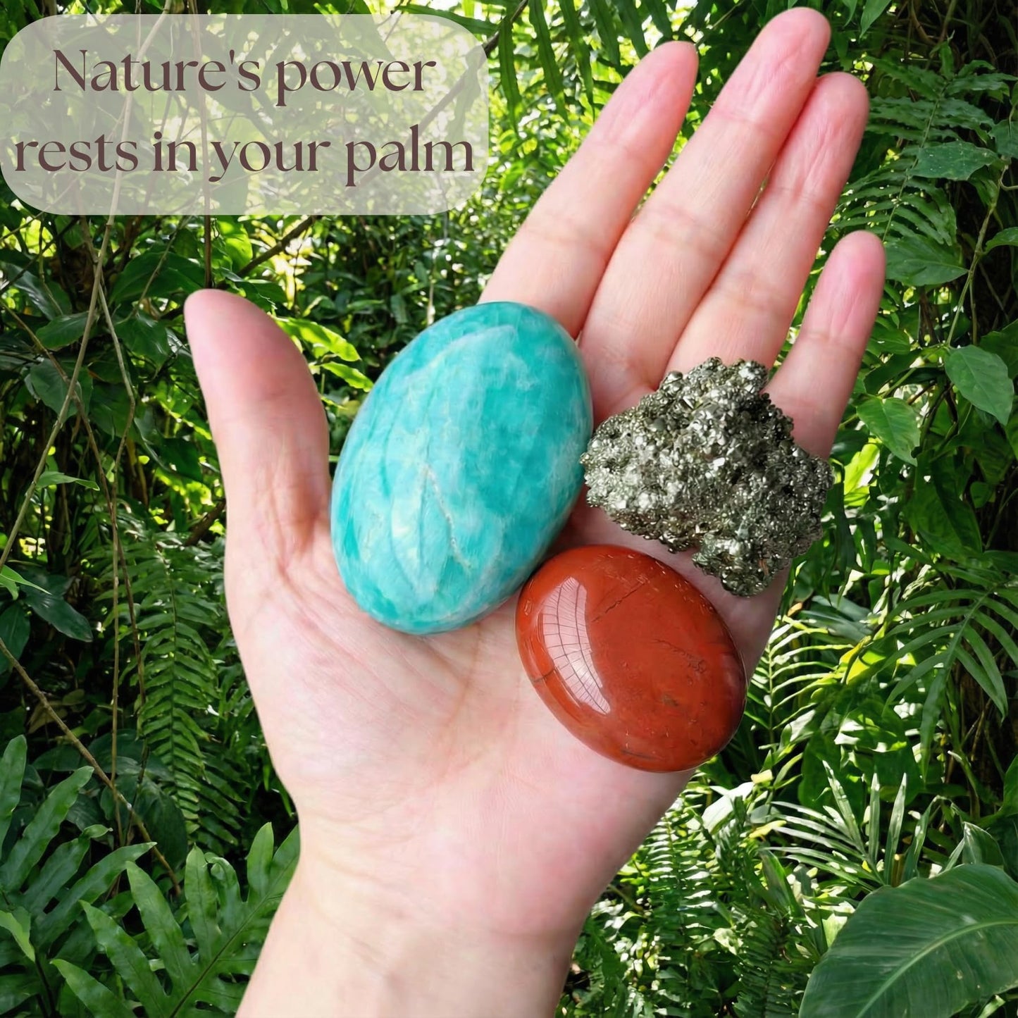 Atminafays Abundance Healing Crystal Set for Success & Good Luck -Large Amazonite,Raw Pyrite, Red Jasper for Yuga & Meditation, Travel Protection, Gift Set with Guidebook & Velvet Pouch