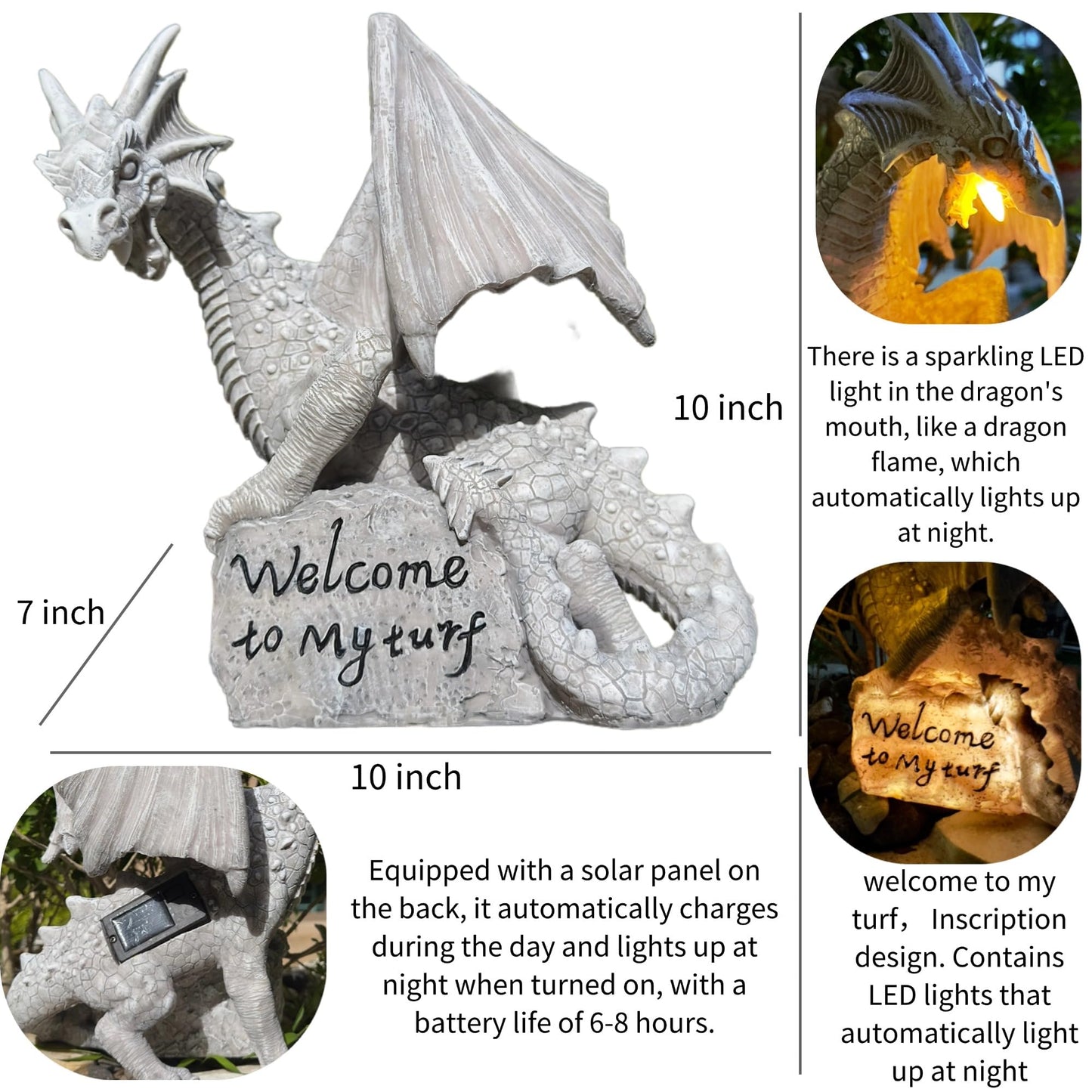 Jy.Cozy Garden Large Dragon Statue Solar Powered Outdoor Figurine Light The Dragonfire Welcome to My Turf Sign Big Resin Sculpture Home Decoration Housewarming Ornament Unique Gift