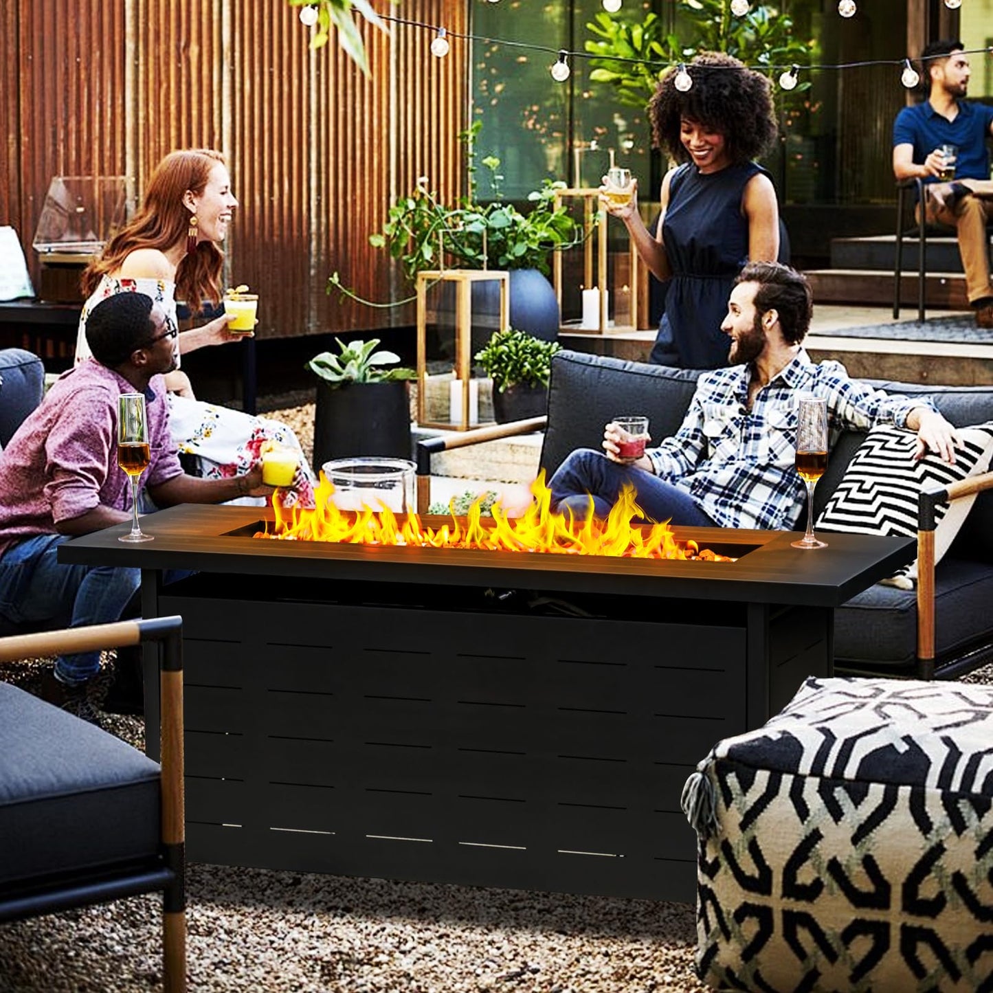 EcoNook 57 inch Propane Fire Pit Table,50000 BTU Gas Fire Pits Table with Lid & Lava Rock & Waterproof Cover, Outdoor Propane Firepit for Dining or Party, Outside, Patio, Garden, Yard