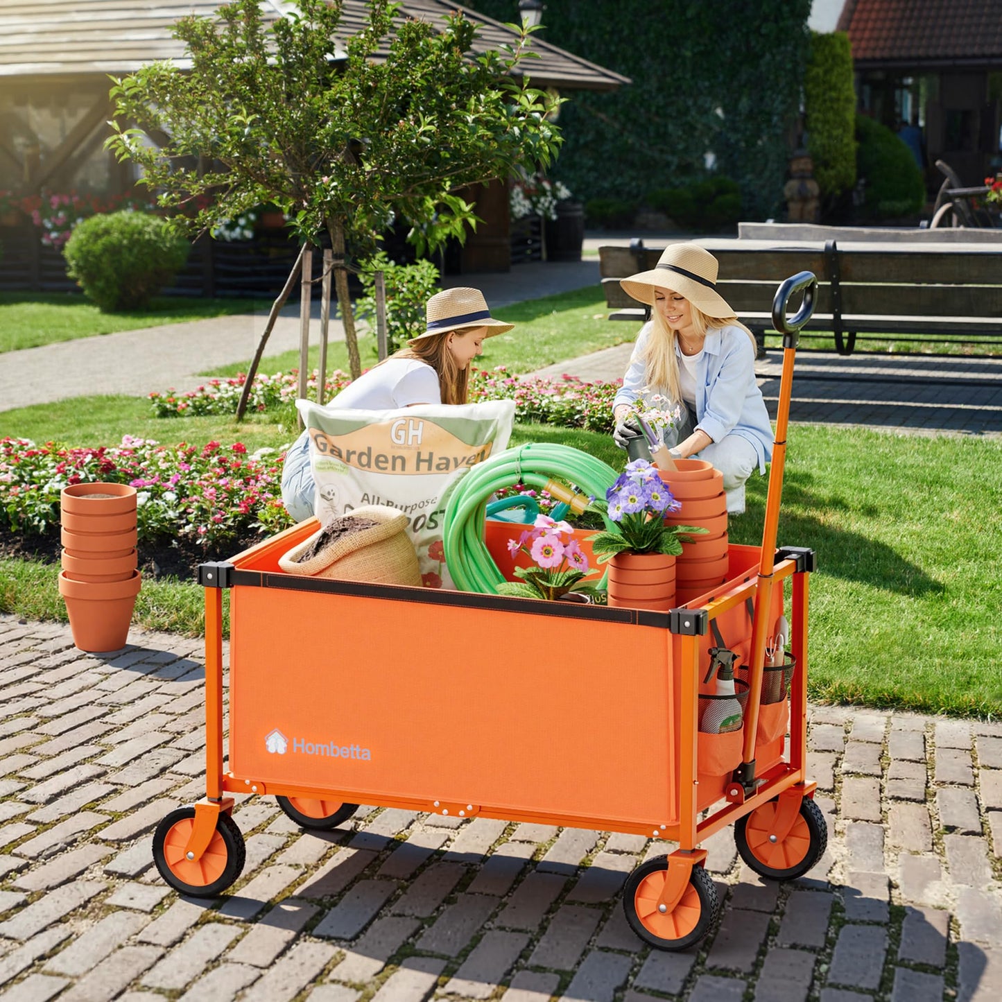 Hombetta Collapsible Wagon Cart with Wheels, 150L Lightweight Foldable Utility Cart, Portable Rolling Wagon for Garden, Shopping, Sports, Camping, Transport, Orange