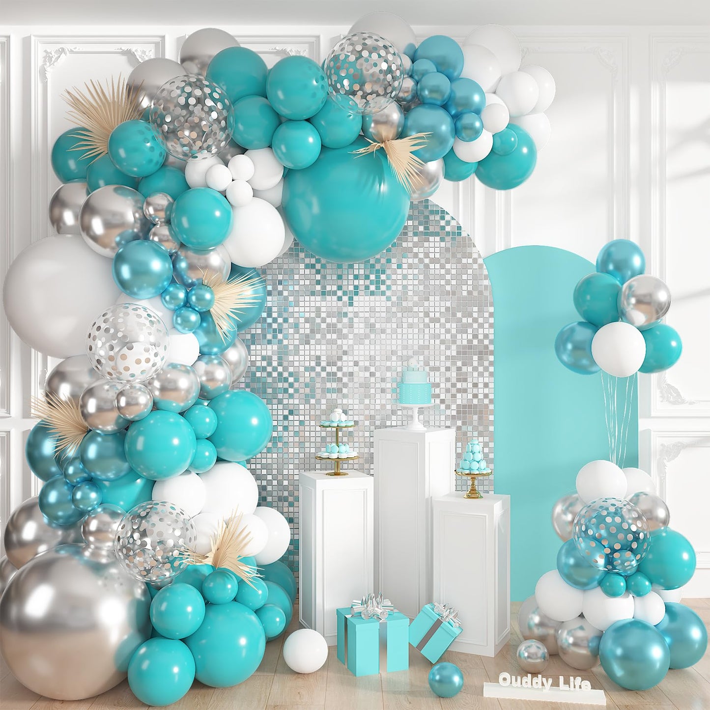 Ouddy Life Teal Silver White Balloons Arch Kit, 152 Pcs Turquoise Blue White Metallic Teal Silver Confetti Balloon for Graduation Wedding Bridal Baby Shower Birthday Anniversary Party Decorations