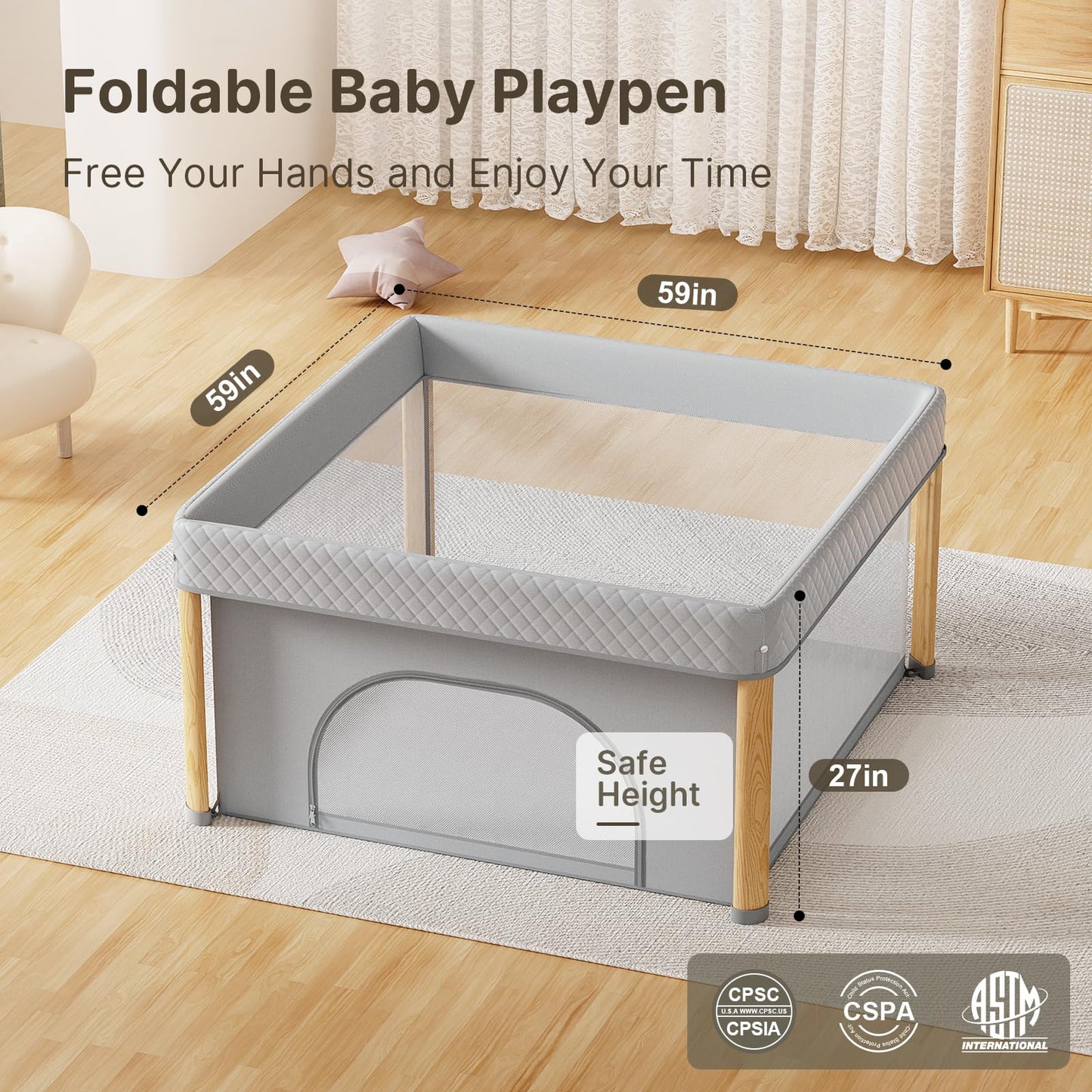 Cbcvvaer Foldable Baby Playpen, 59x59 Foldable Play Pen for Babies and Toddlers, Portable Playpen Indoor Outdoor, Kids Safety Area Travel Play Yard with Storage Bag Grey
