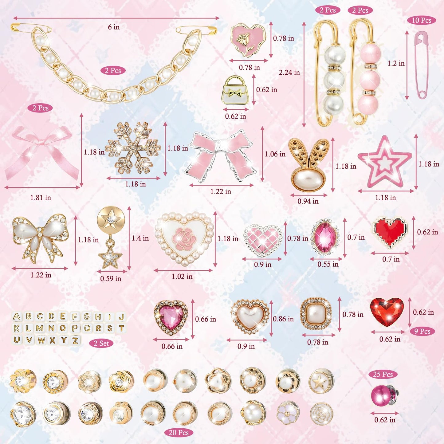 Auliand 139 Pcs Junk Socks Charms Kit, Brooches and Pins for Women, Shoe Charms with Pearl Safety Pins and Brooch Buttons, Teen Girl DIY Accessories for Decorating Socks, Sneaker, Clothes (Pink)