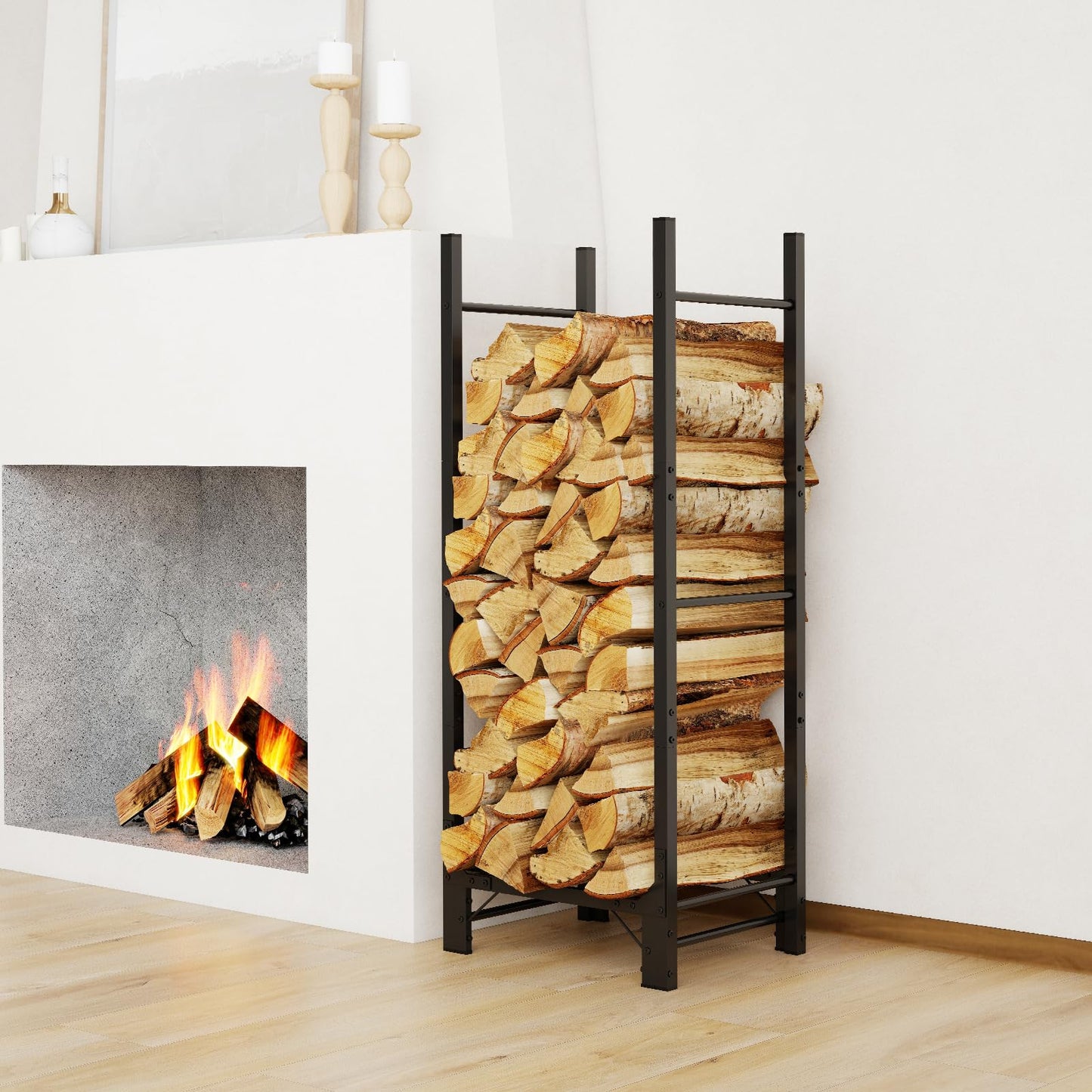C-Hopetree 4Ft Outdoor Indoor Firewood Rack, Adjustable Metal Log Holder for Fireplace, Heavy Duty Wood Pile Storage Organizer Stacker Stand, Black