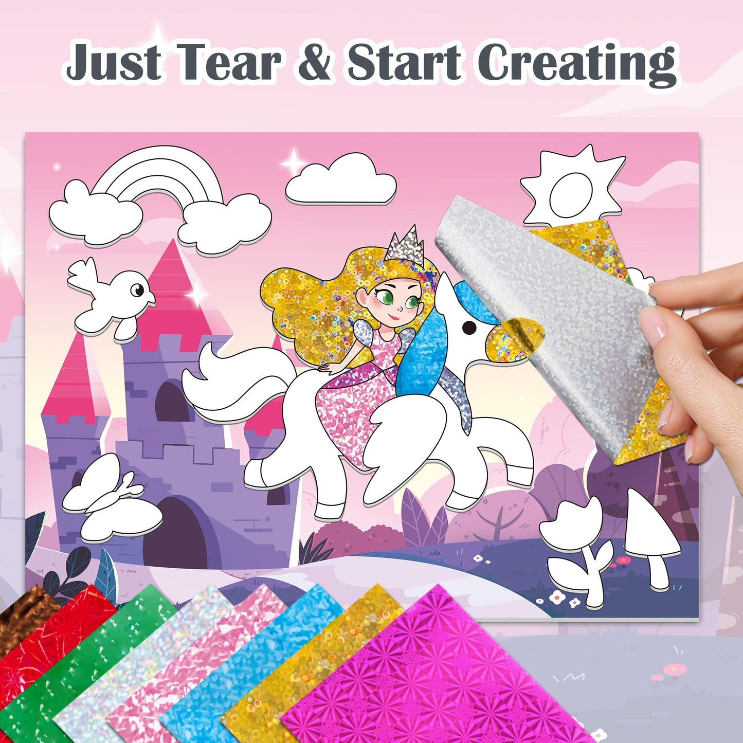 Timetome Foil Craft Kit for Kids, Princess & Unicorn Foil Art Set for Ages 4–8, No Mess Creative Arts and Crafts, Easy Peel Stick Foil Pictures, Gift for Girls 5-10