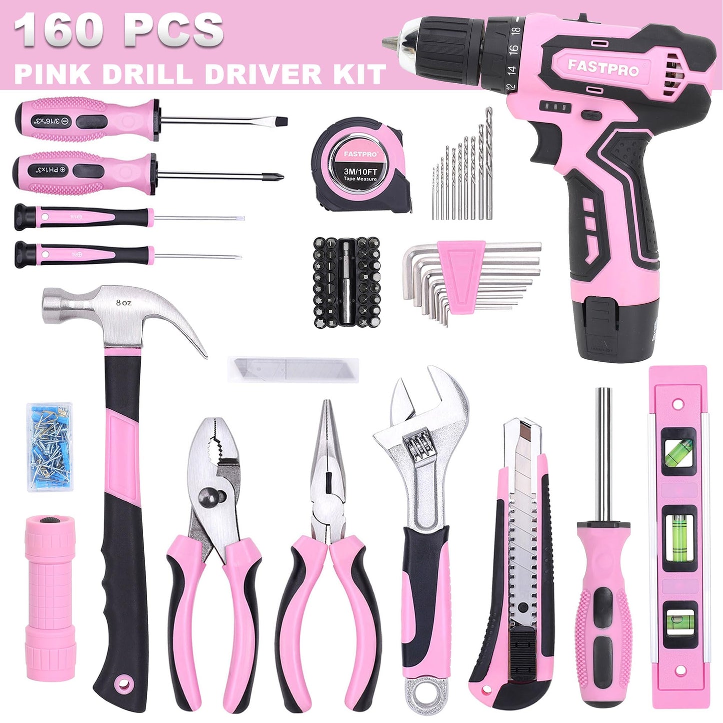 FASTPRO 160-Piece Pink Tool Set with 12V Cordless Drill Driver, Lady's Home Repairing Tool Kit with Drill in Storage Case, For DIY, Home Maintenance