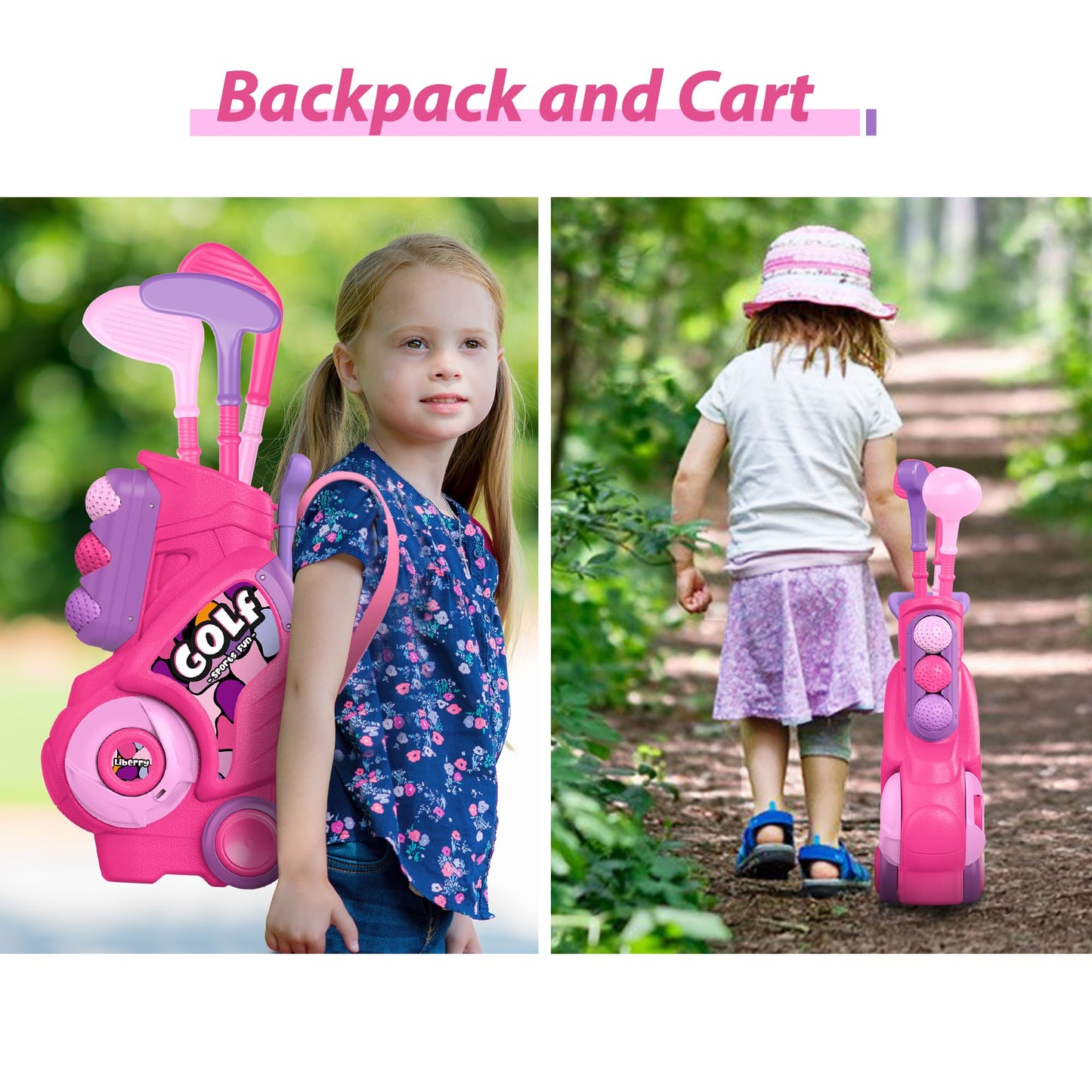 Liberry Toddler Golf Set with Putting Mat for 2 3 4 Years Old Boys Girls, Upgraded Kids Golf Cart with Unique Shoulder Strap Design, Indoor and Outdoor Golf Toys Gifts (Pink)