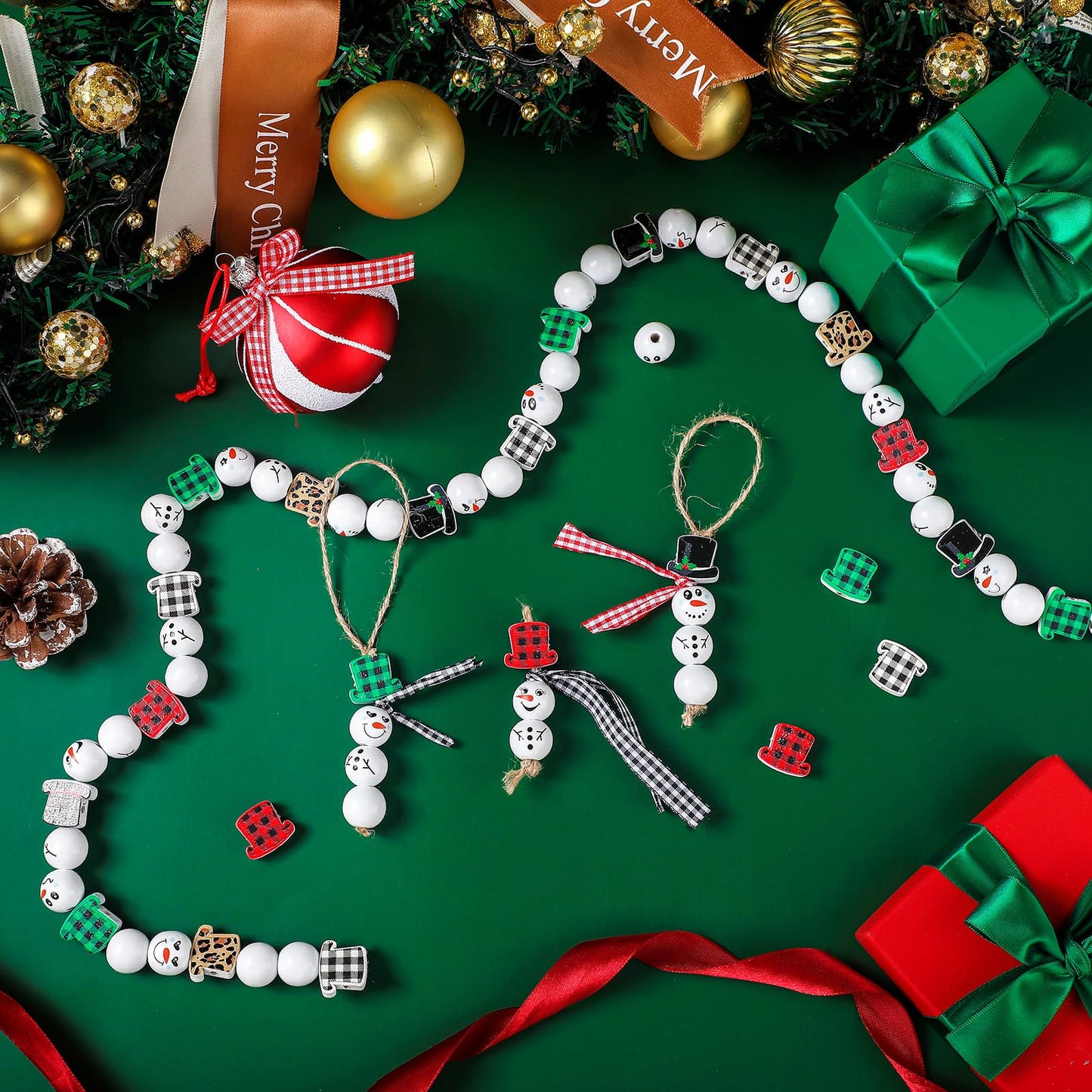 336 Pcs Christmas Snowman Wood Beads Winter Snowman Wooden Beads for Craft Snowman Themed Craft Beads with Rope Ribbon for Jewelry Making DIY Craft Supplies Home Decor