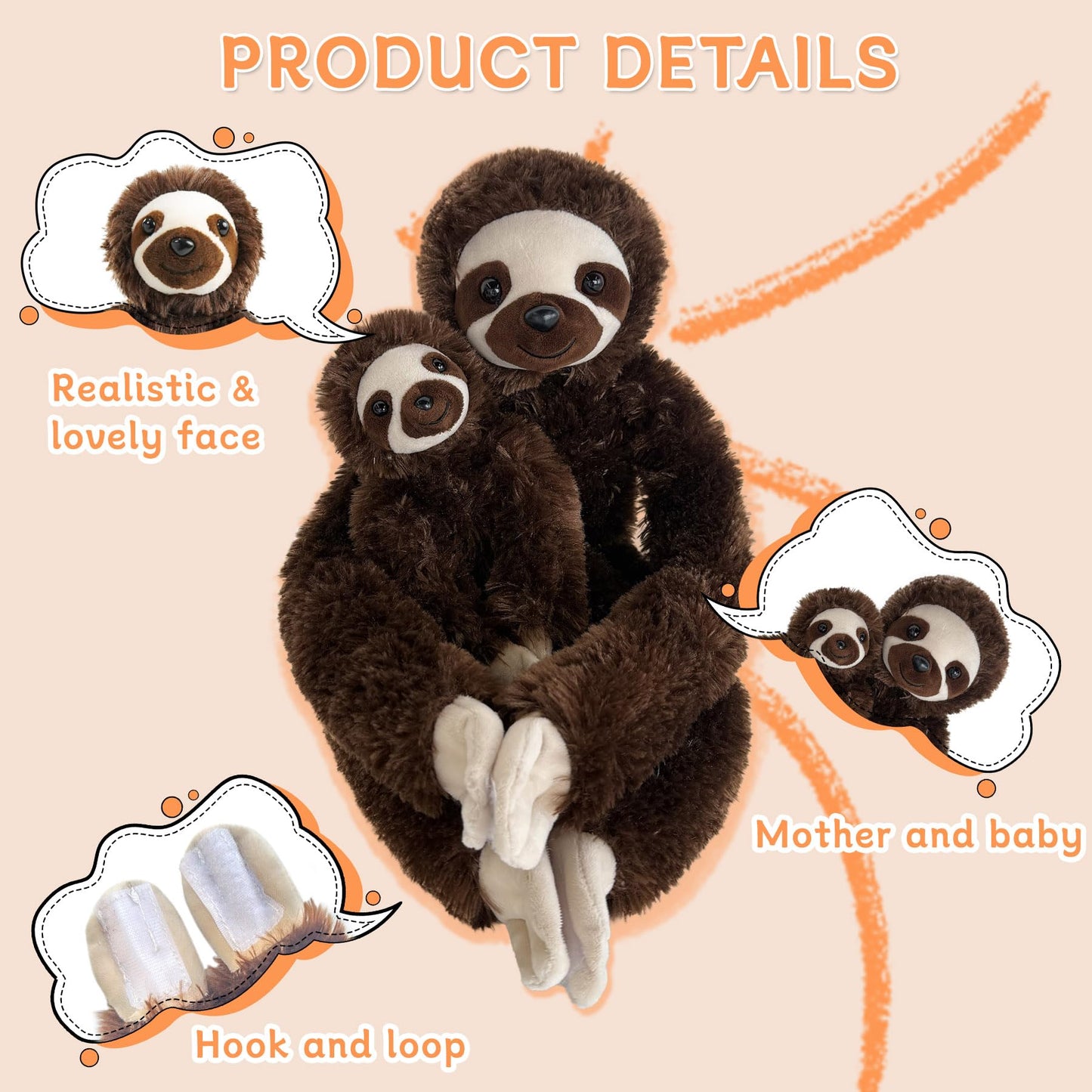 Hideekoog 2pcs Sloth Hanging Stuffed Animal Mother with Baby Hanging Plush Toys, Three-Toed Sloth Hooks and Stuffed Animals with Rings for Kids, Gifts for Boys and Girls