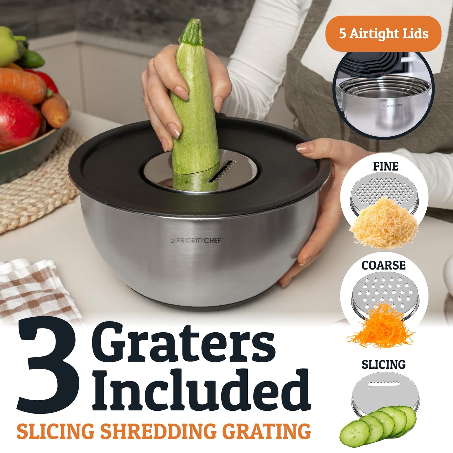 Priority Chef Stainless Steel Mixing Bowls with Lids Set, 3 Grater Attachments, Airtight Lids, Non-Slip Silicone Base Mixing Bowl Set, Large Prep Metal Mixing Bowls for Kitchen, Black