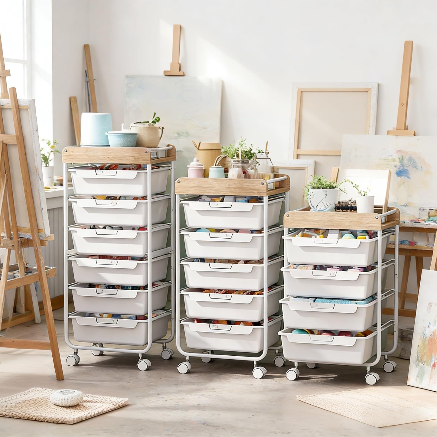 Rolling Craft Storage Cart with 4 Drawers,Utility Cart with Drawers,Art Craft Organizers and Storage,Kids Craft Cart,Kids Art Cart With DIY Lable and Wooden Tabletop Area,White