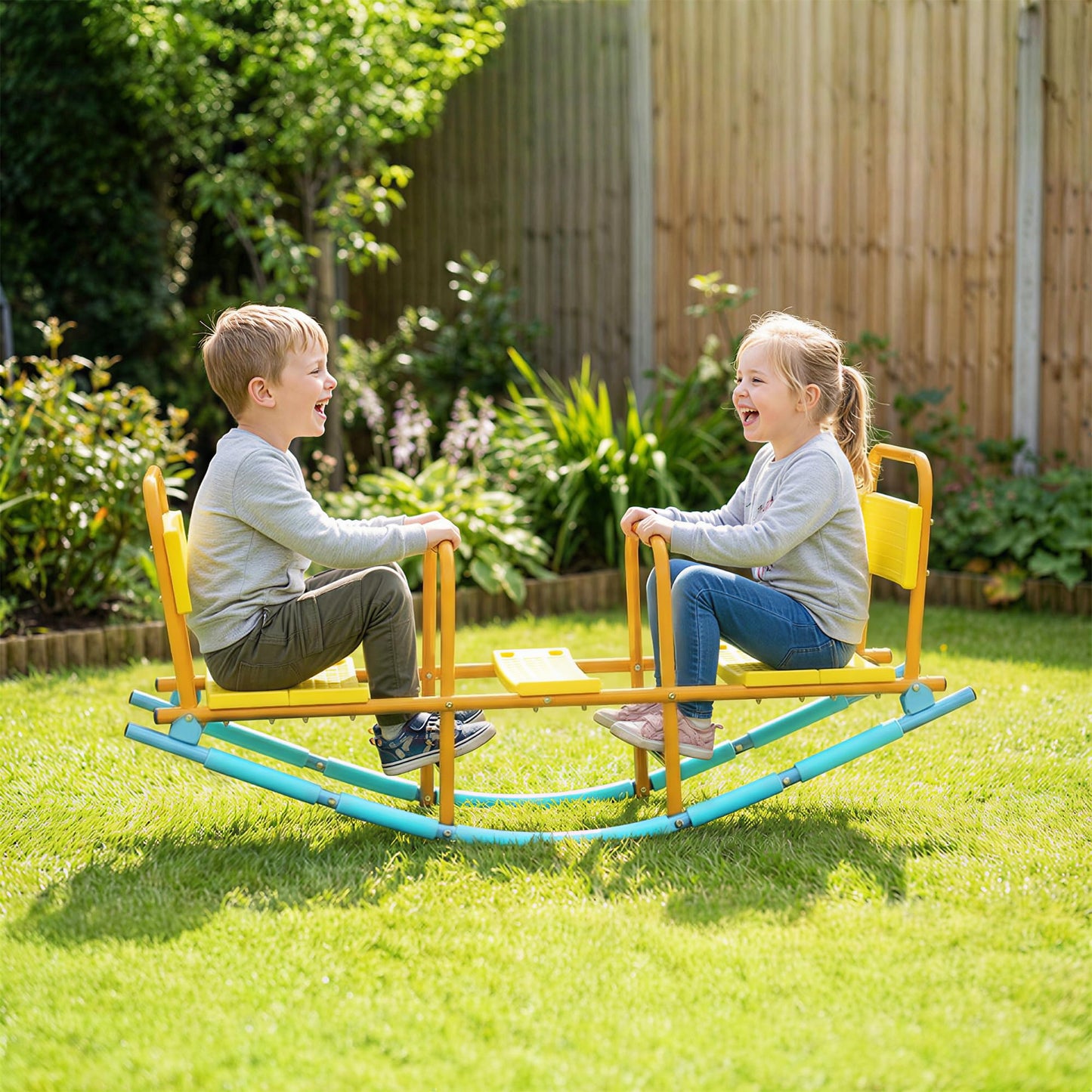 Qaba Teeter Totter Seesaw for Kids, 2 in 1 Metal Rocking Seesaw for Toddlers Age 3-8, 2 Seater Playground Equipment with Easy-Grip Handles for Backyard Indoor Outdoor, Yellow