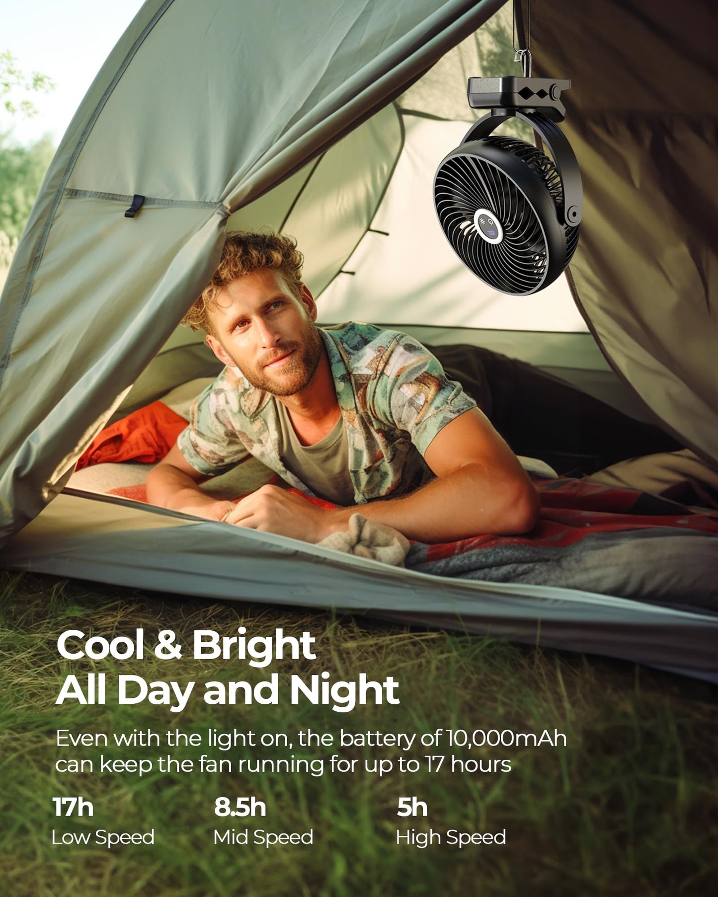 Koonie 10000mAh Portable Clip on Fan with LED Lantern and Hook, 8'' Battery Operated Desk Fan, Quiet Camping Fan with LED Digital Display, 360° Rotation & 3 Speeds for Travel Tent Gym Treadmill