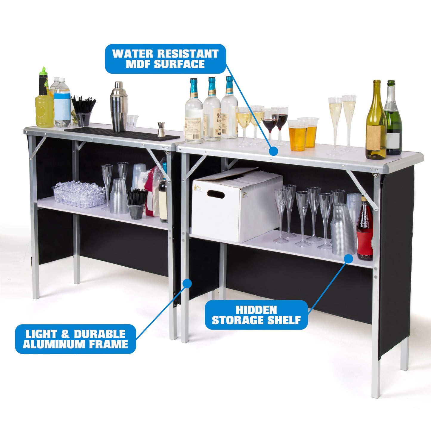 GoBar Portable Double Bar Table Set - Mobile Bartender Station for Events - Includes Carrying Case - Standard or LED
