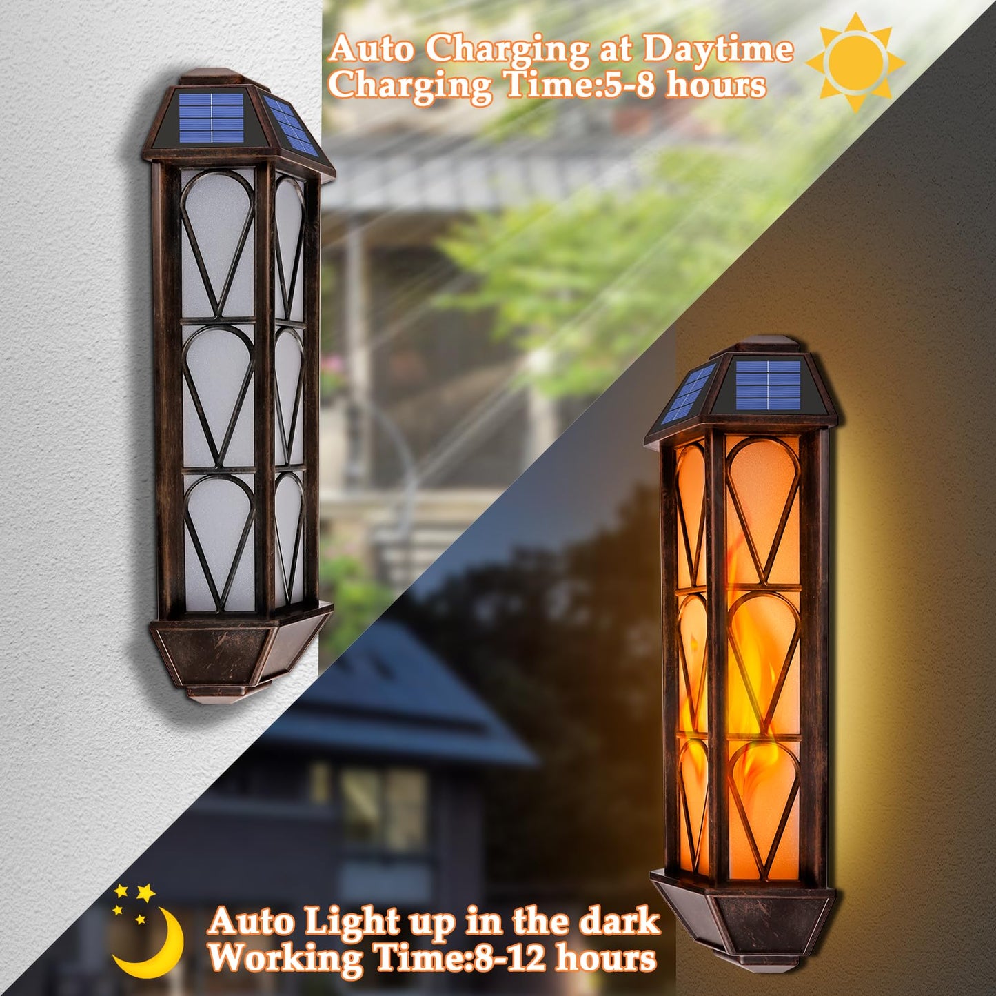 Solar Flame Wall Sconce Lights Outdoor, 74 LED Flickering Flame Sconces, Solar Powered Auto On/Off, Waterproof Wall Lanterns for House Garage Doorway Garden Porch Patio Yard Decoration (2 Pack)