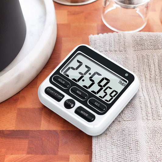 KTKUDY Digital Kitchen Timer with Mute/Loud Alarm Switch ON/Off Switch, 12-Hour Clock & Alarm, Memory Function Count Up & Count Down for Kids Teachers Cooking, Large LCD Display, Strong Magnet (Black)