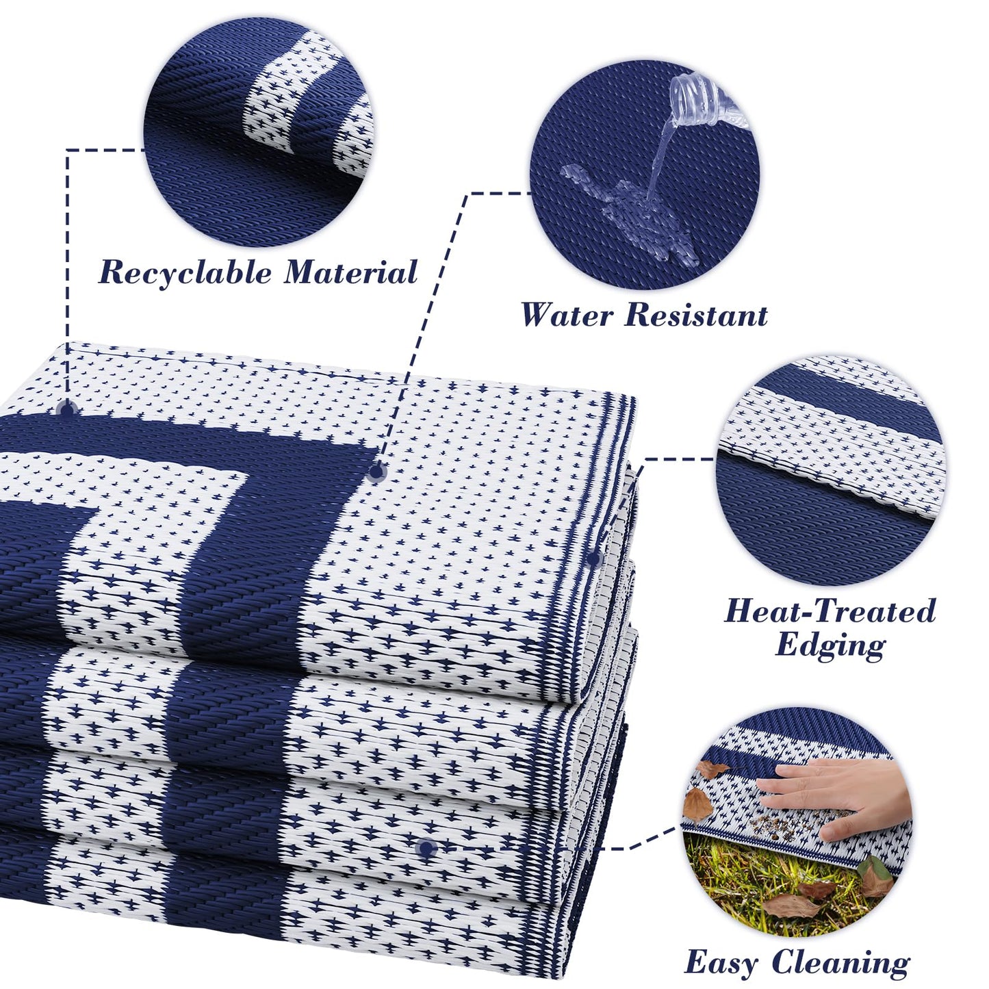 KMAT Outdoor Rug, Waterproof Reversible Patio Rugs, 8x10ft Large Outdoor Area Rug Foldable Plastic Camping Rugs for Outside RV, Patio,Picnic,Camper,Balcony,Porch (Blue &White)
