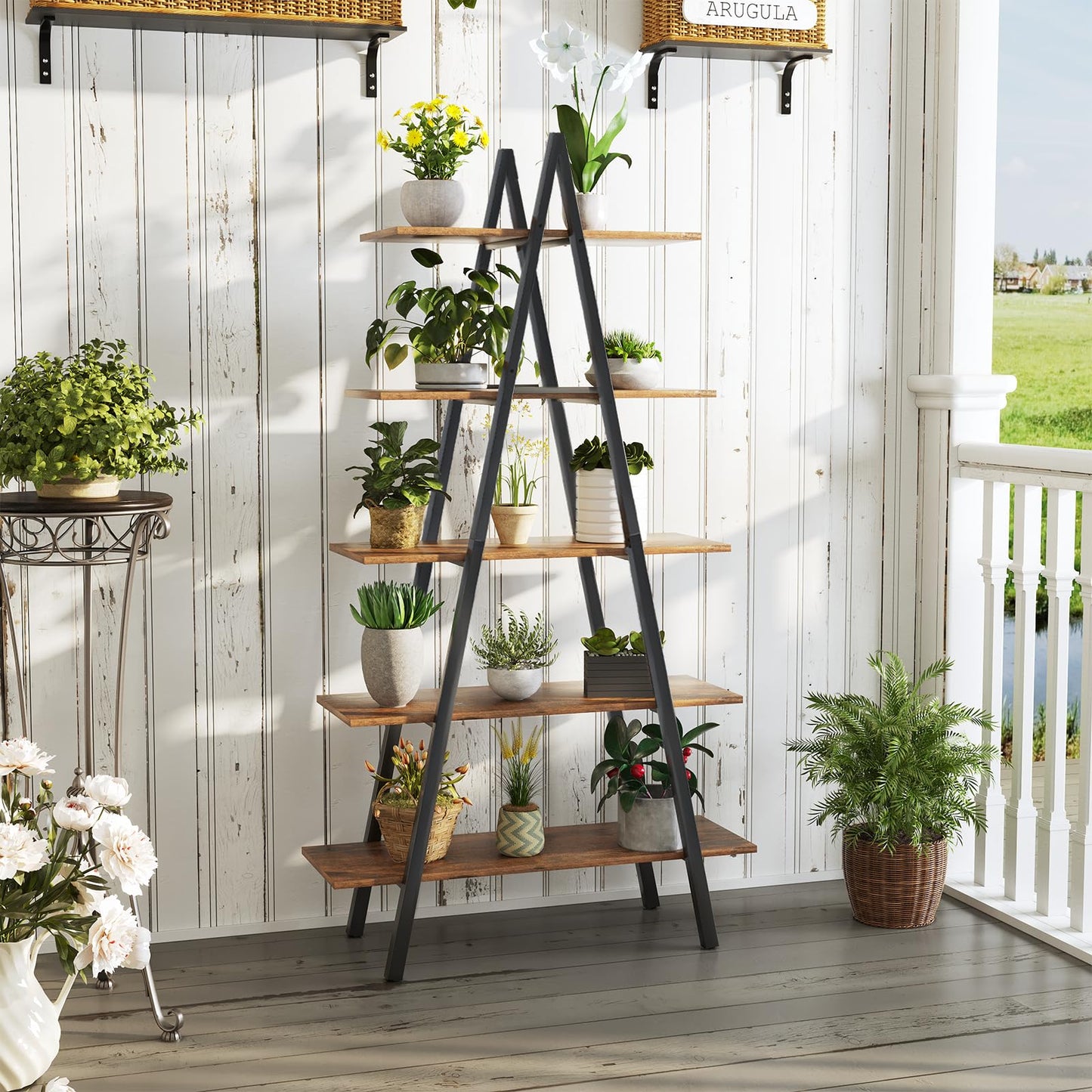 YOUDENOVA 5-Tier Ladder Bookshelf, Industrial A-Shaped Bookcase, Christmas Village Display Stand, Tall Ladder Shelf Storage Organizer for Living Room, Home Office, Black
