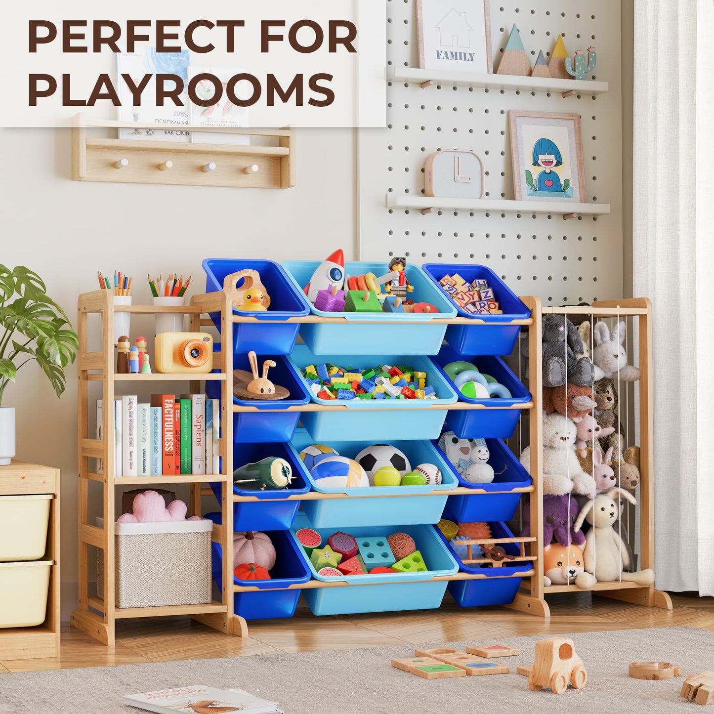 Toy Storage Organizer with Bookshelf and Stuffed Animal Storage - Kids Playroom Organization with Shelves and 12 Toy Bins - Toddler Living Room Toy Box for Lego - Nursery Bedroom Decor Essentials