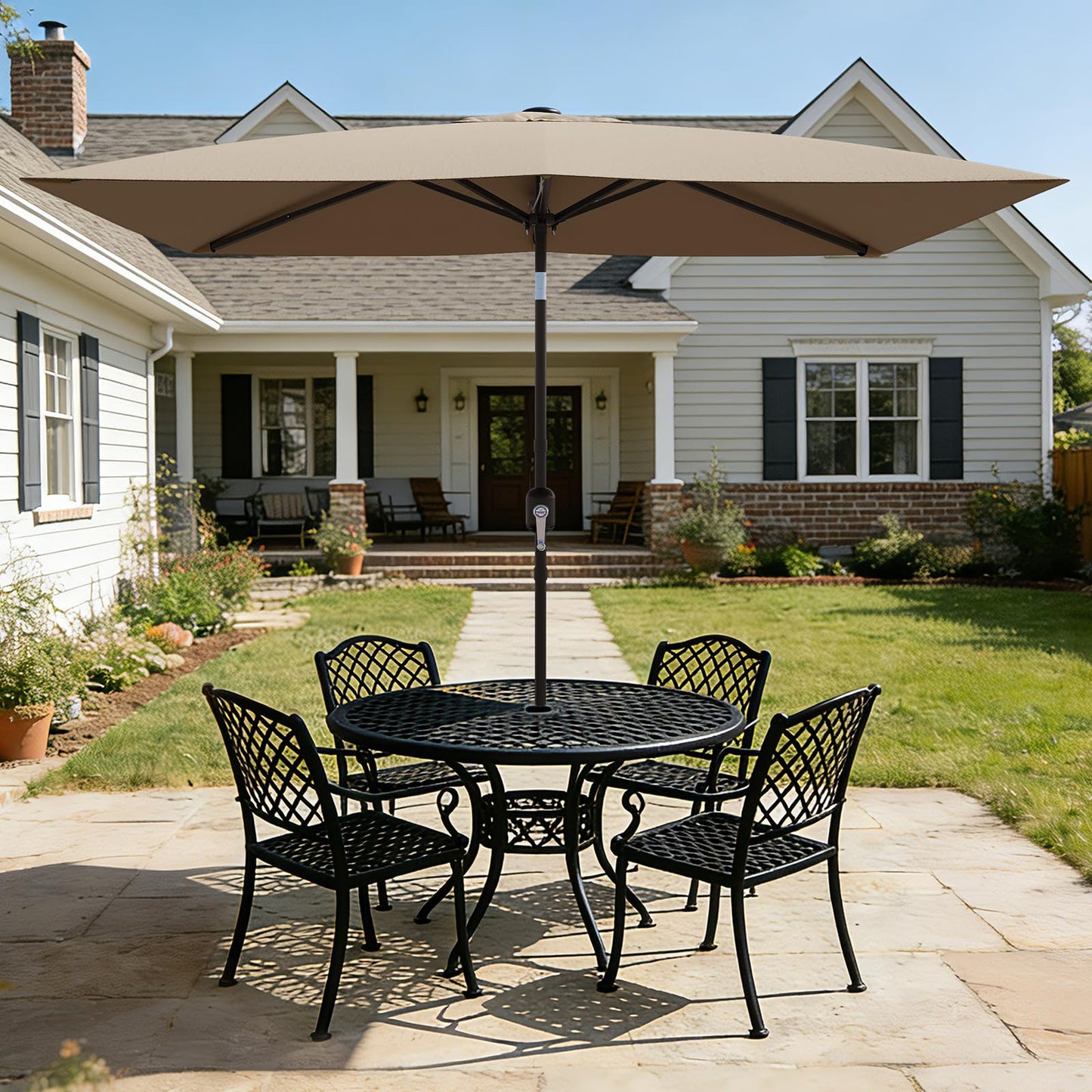 Garvee 10' x 6.5' Rectangular Patio Umbrella, Outdoor Table Umbrella with Crank and Push Button Tilt, Market Umbrella Sun Umbrella with 6 Sturdy Ribs Tilt for Garden, Deck, Lawn, Pool -Tan