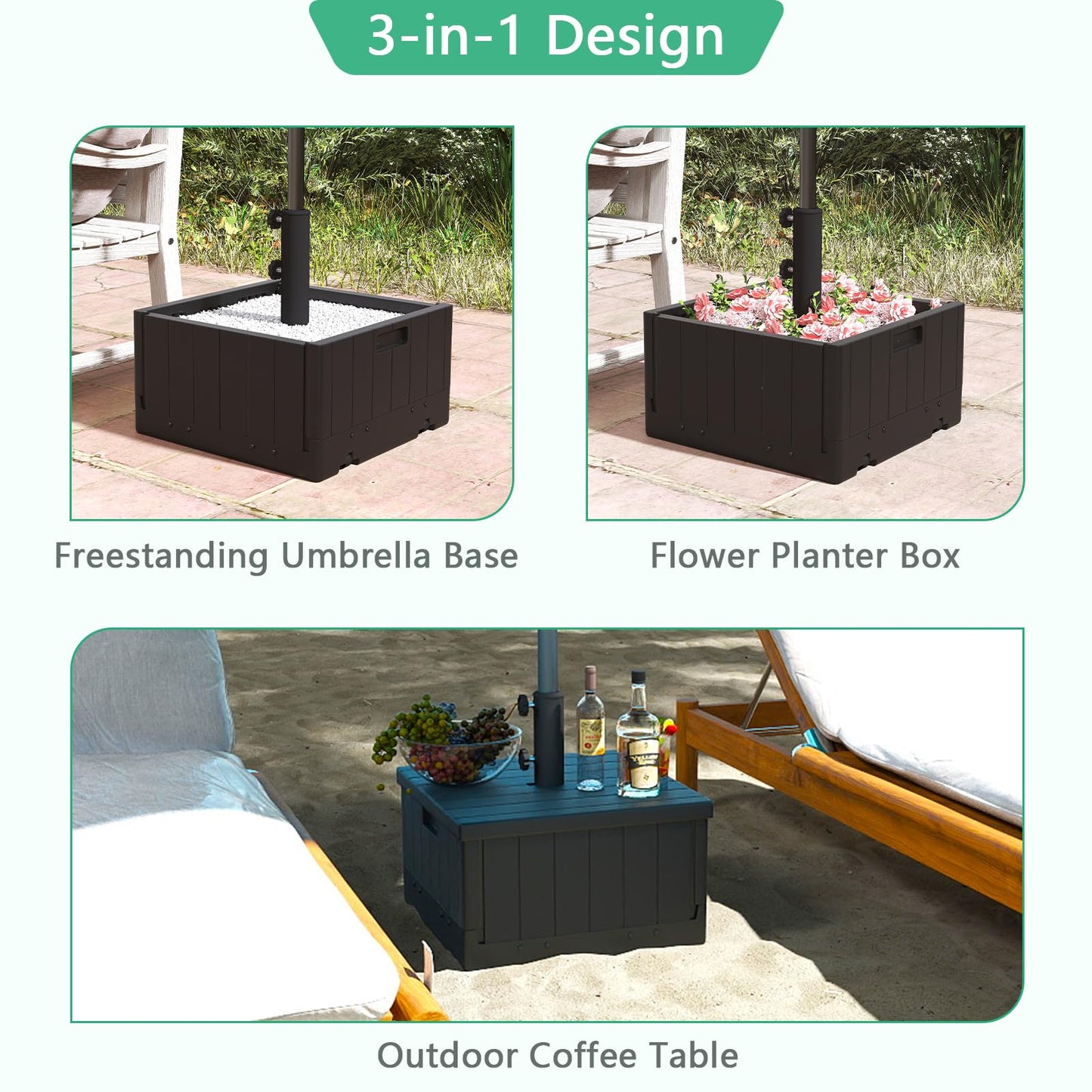 Helios&Hestia 3-in-1 Plastic Patio Umbrella Base Stand Weight with Wheels 176lbs with Sand Filled, Can be Used as Outdoor Coffee End Table, Flower Planter Box, Fits 7 to 11ft Market Umbrellas, Black