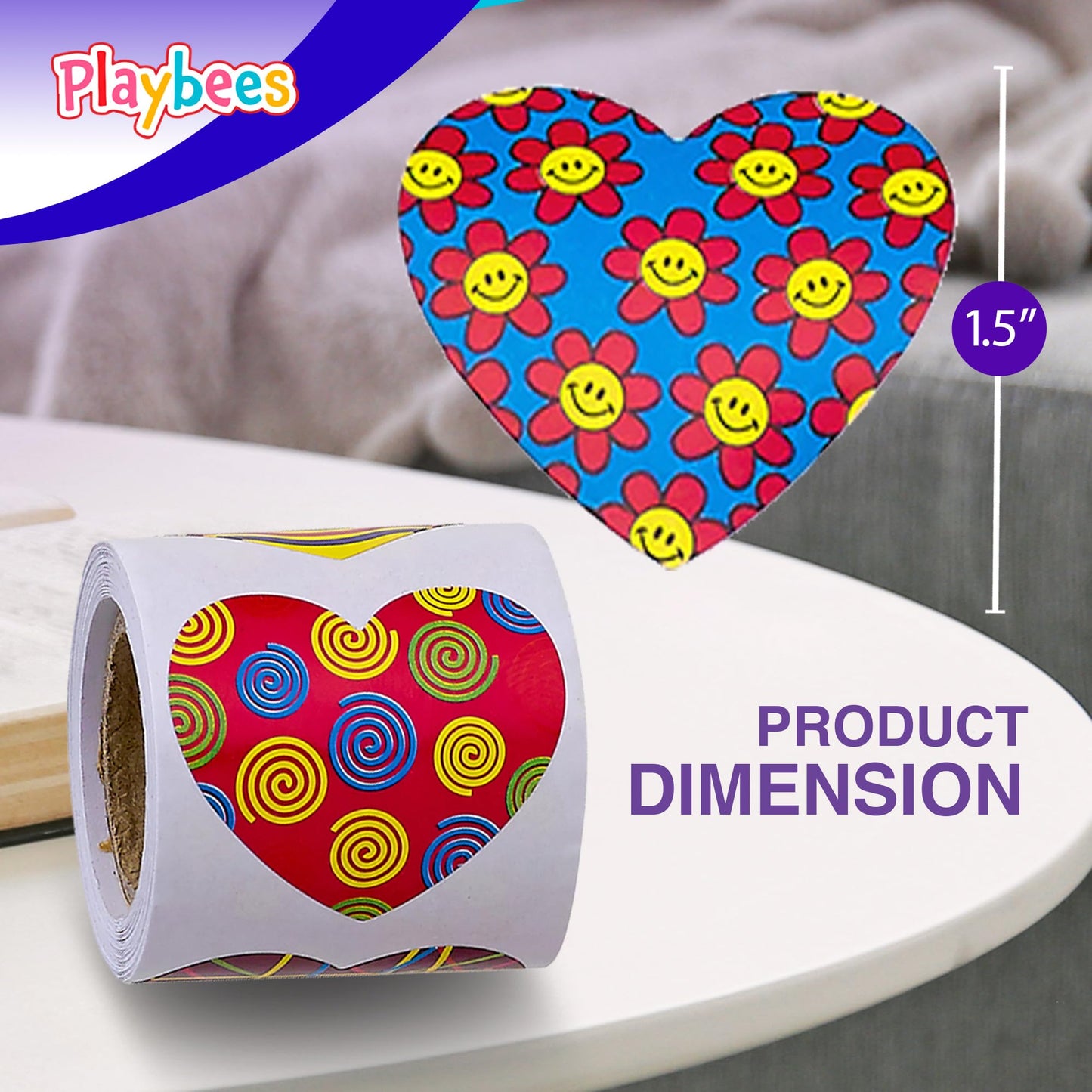 Playbees Funky Heart Stickers for Kids - 400 Pack of Rainbow Heart Themed Designs - Valentine’s Day Kids Educational Arts and Crafts, Scrapbooking, Teacher Awards, Classroom Prize, Encouragement