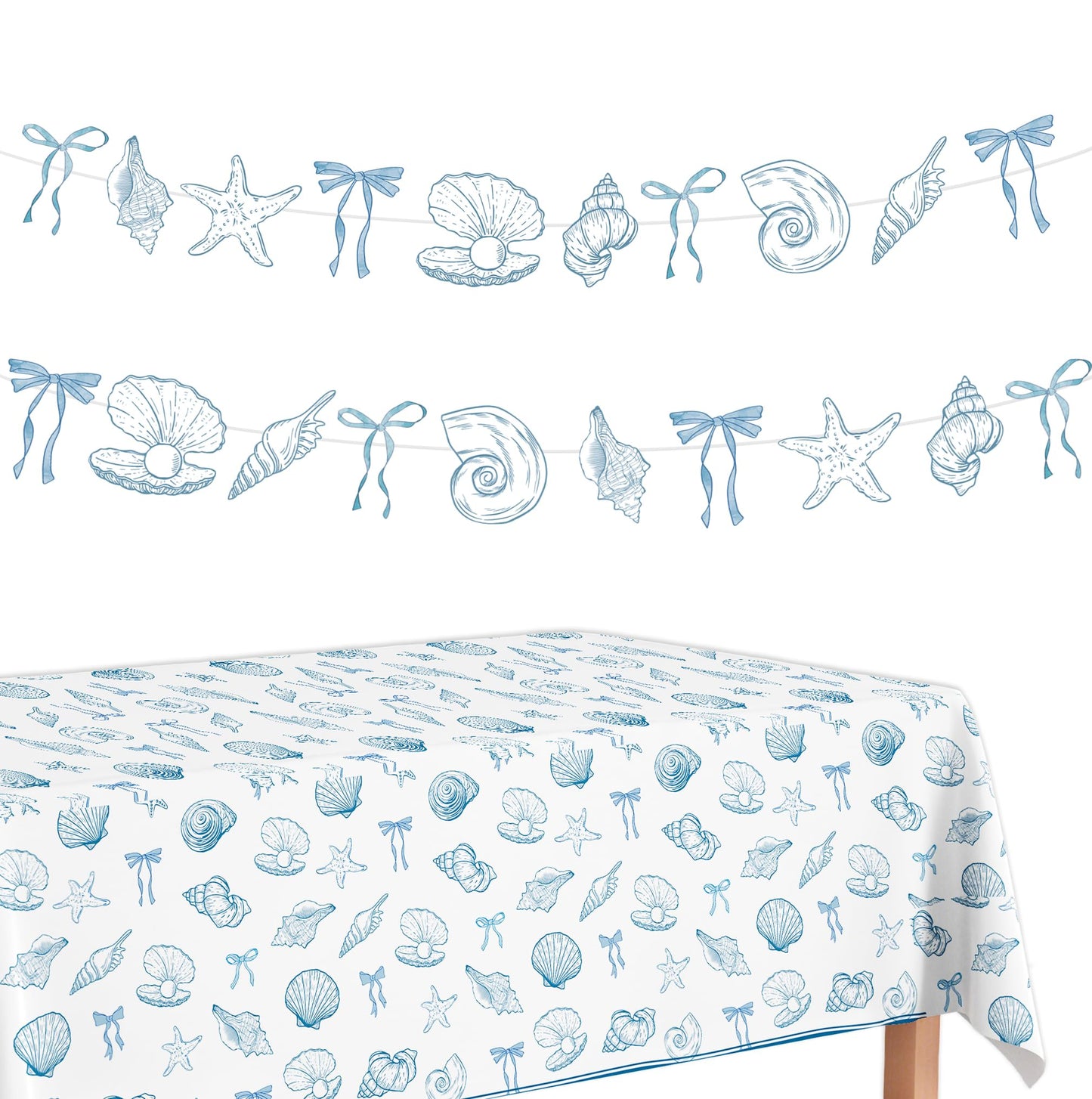 Hokinaa Beach Ocean Party Decorations - 4 Pcs Seashell Coastal Summer Decor Banner Tablecloth Blue Bow Under the Sea Supplies for Happy Birthday Baby Bridal Shower Wedding Bachelorette Engagement