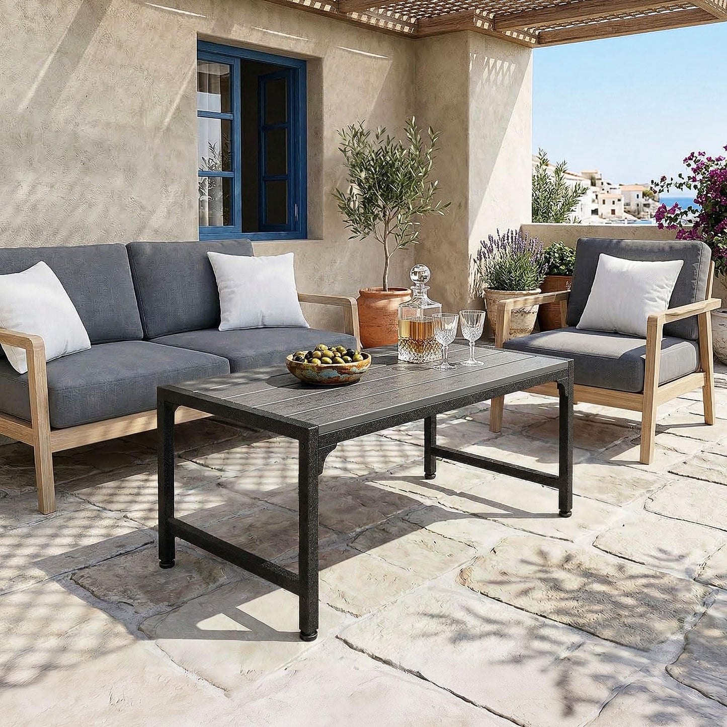 ODK Outdoor Coffee Table, Rectangle Weather-Resistant Patio Coffee Table for Garden, Balcony, Hot Tub, Poolside, Heavy-Duty Metal Frame, Grey