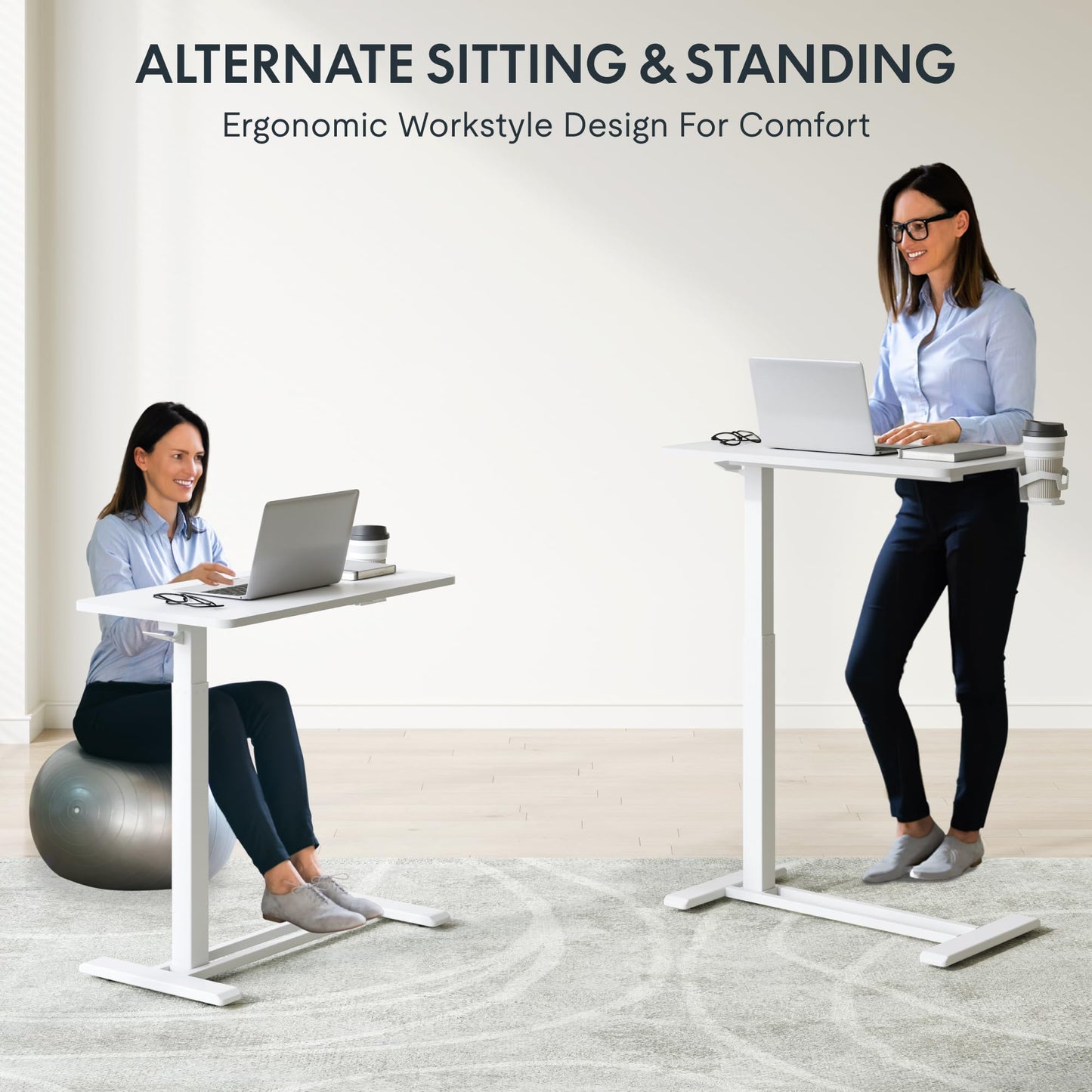 FLEXISPOT H7 Adjustable Overbed Bedside Table with Wheels Pneumatic Mobile Standing Desk Laptop Desk Rolling Computer Cart Movable Overbed Table Hospital Home Use(27.6" W x 15.7" D, White)